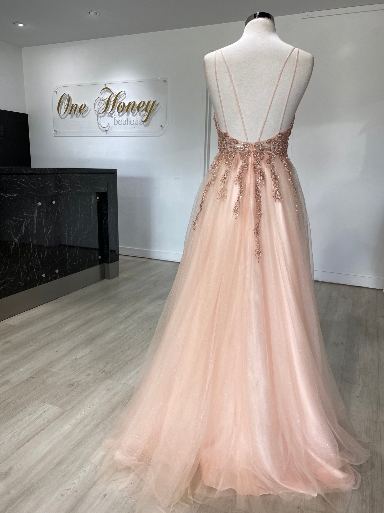 Honey Couture EDEN Blush Crystal Beaded Tulle Formal Gown in Australia | One Honey Boutique