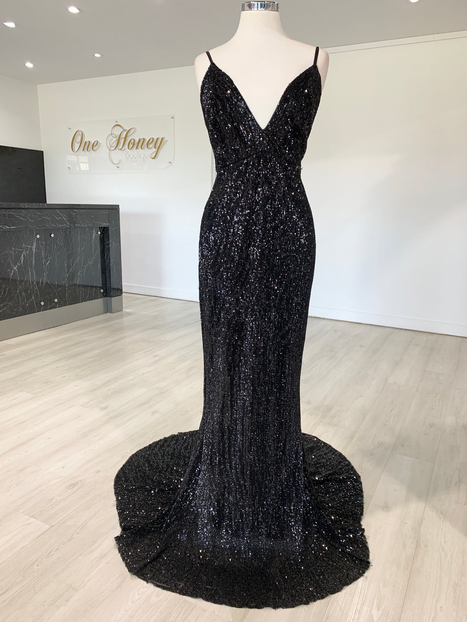 Honey Couture ROSALIE Black Low Back Sequin Formal Gown Dress