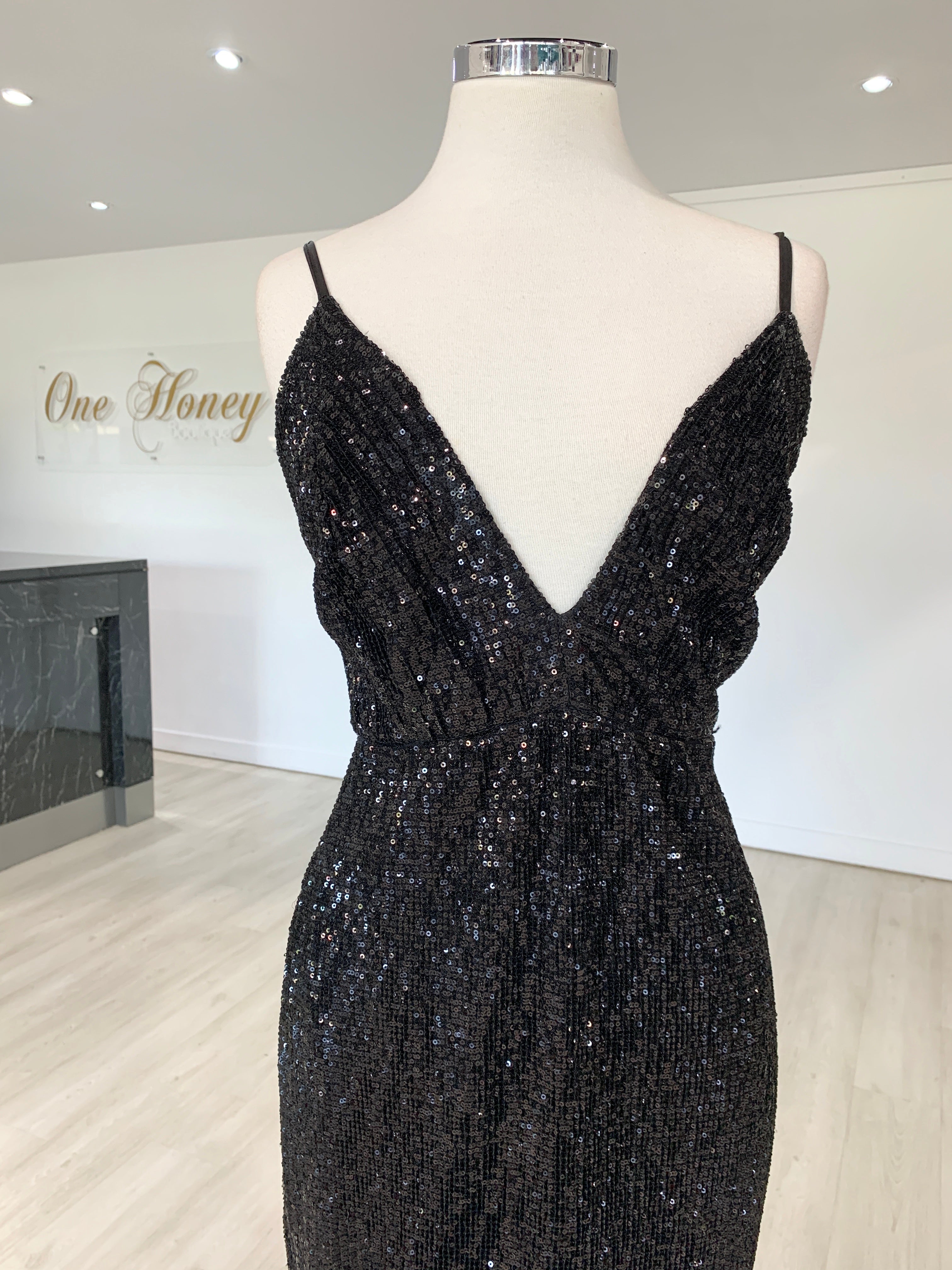 Honey Couture ROSALIE Black Low Back Sequin Formal Gown Dress {vendor} AfterPay Humm ZipPay LayBuy Sezzle