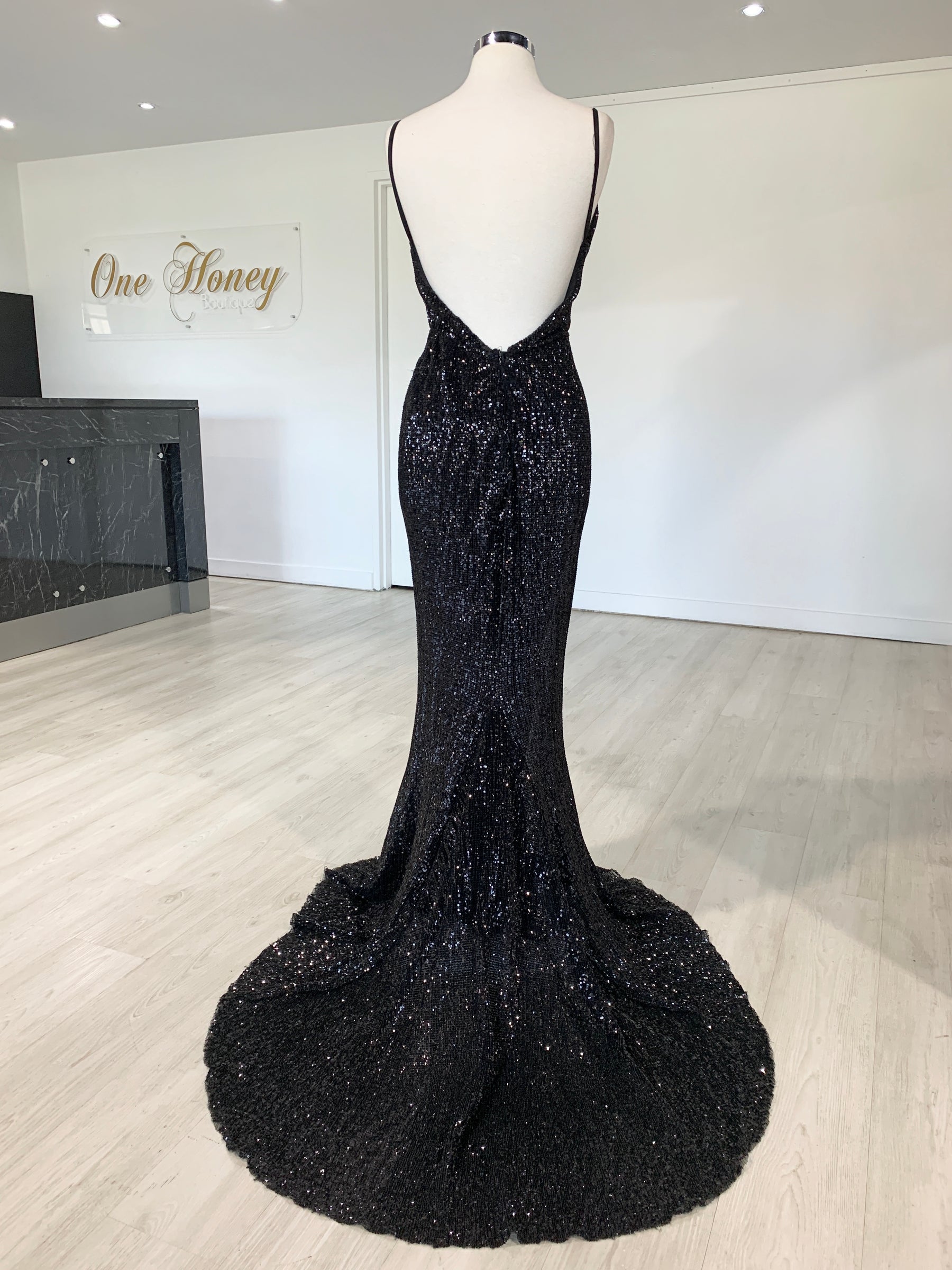 Honey Couture ROSALIE Black Low Back Sequin Formal Gown Dress