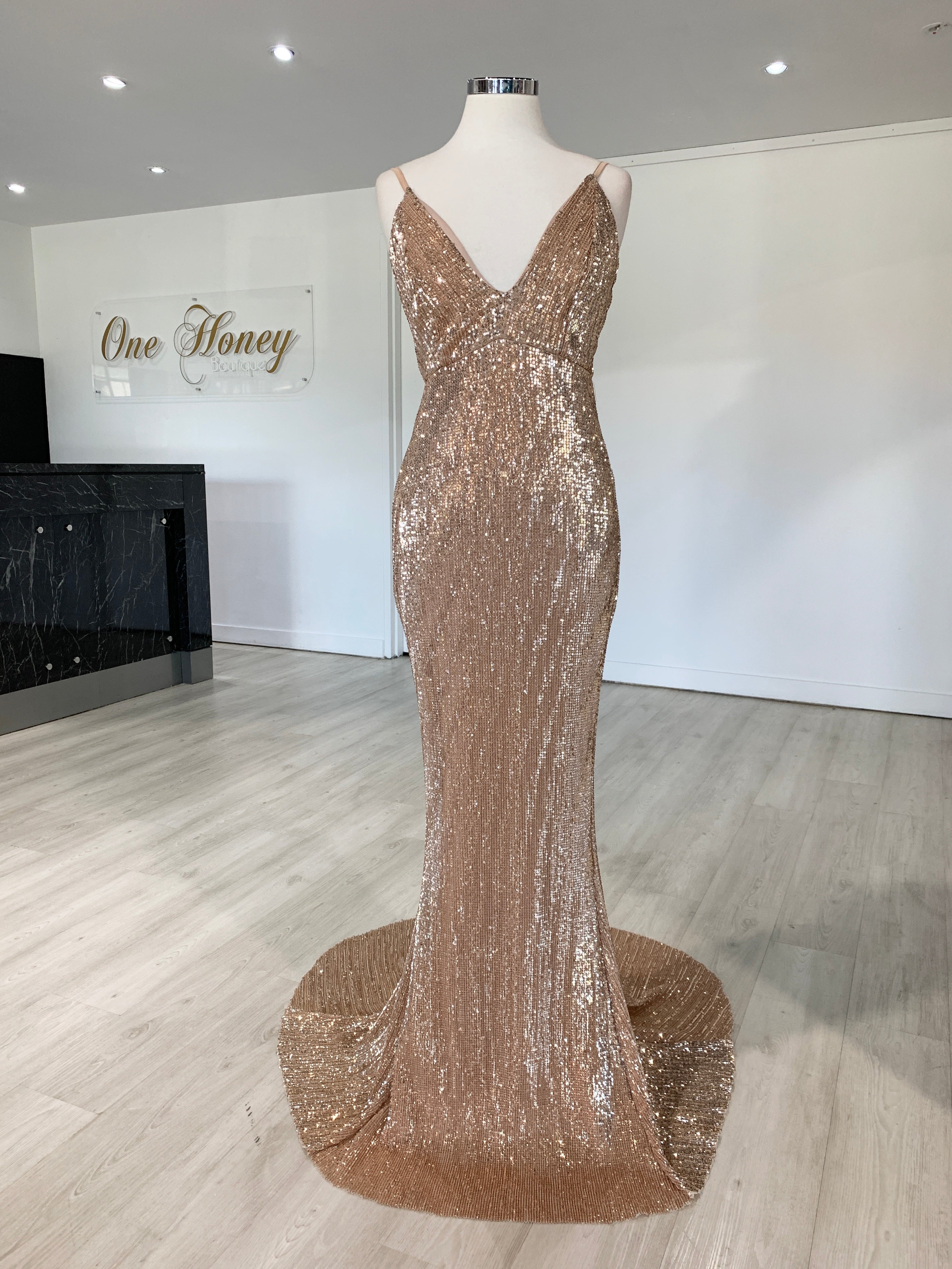 Idalia Embellished Corset Fishtail Evening Gown in Champagne | Oh Polly