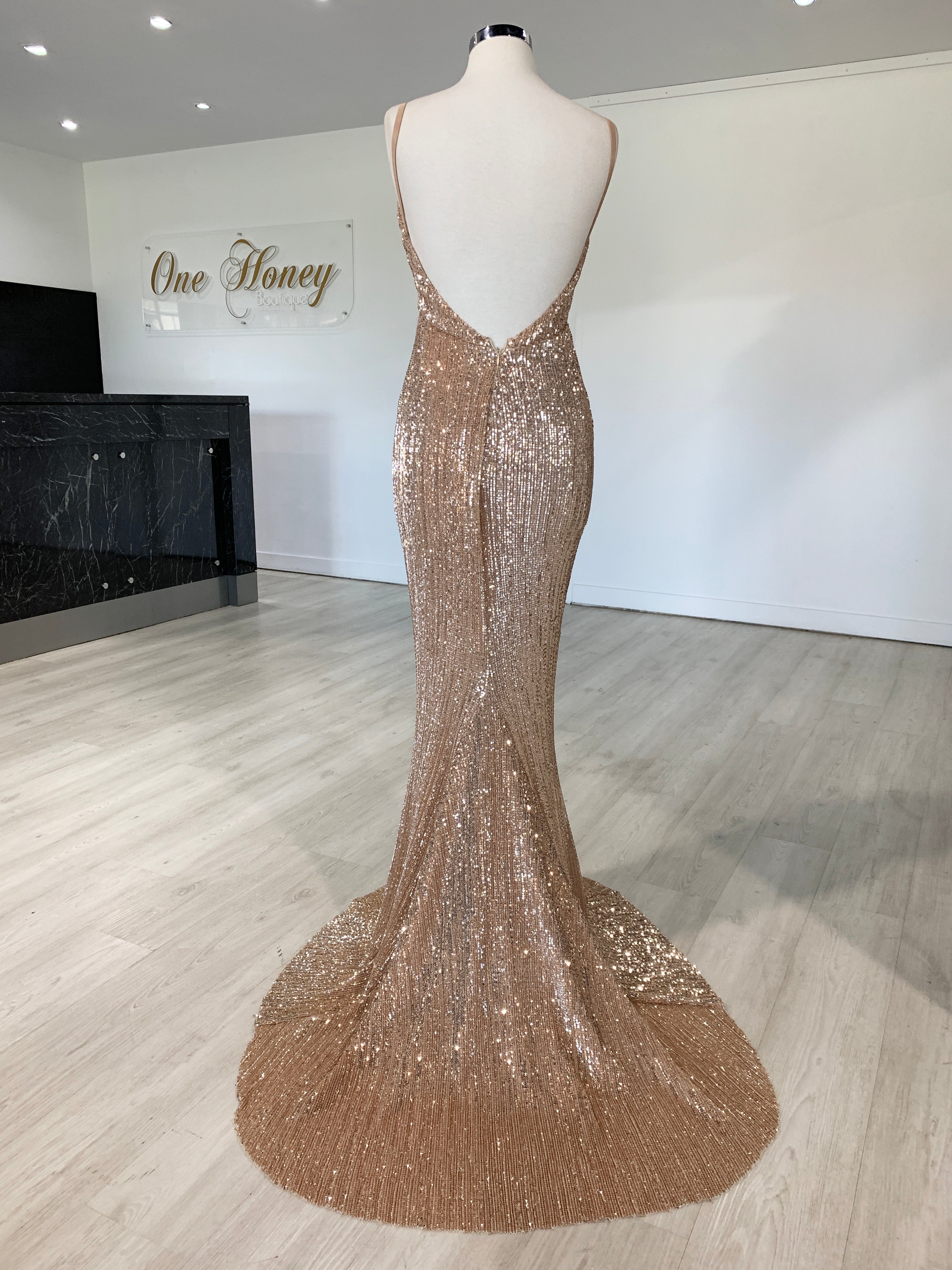 Honey Couture ROSALIE Champagne Gold Low Back Sequin Formal Gown Dress {vendor} AfterPay Humm ZipPay LayBuy Sezzle