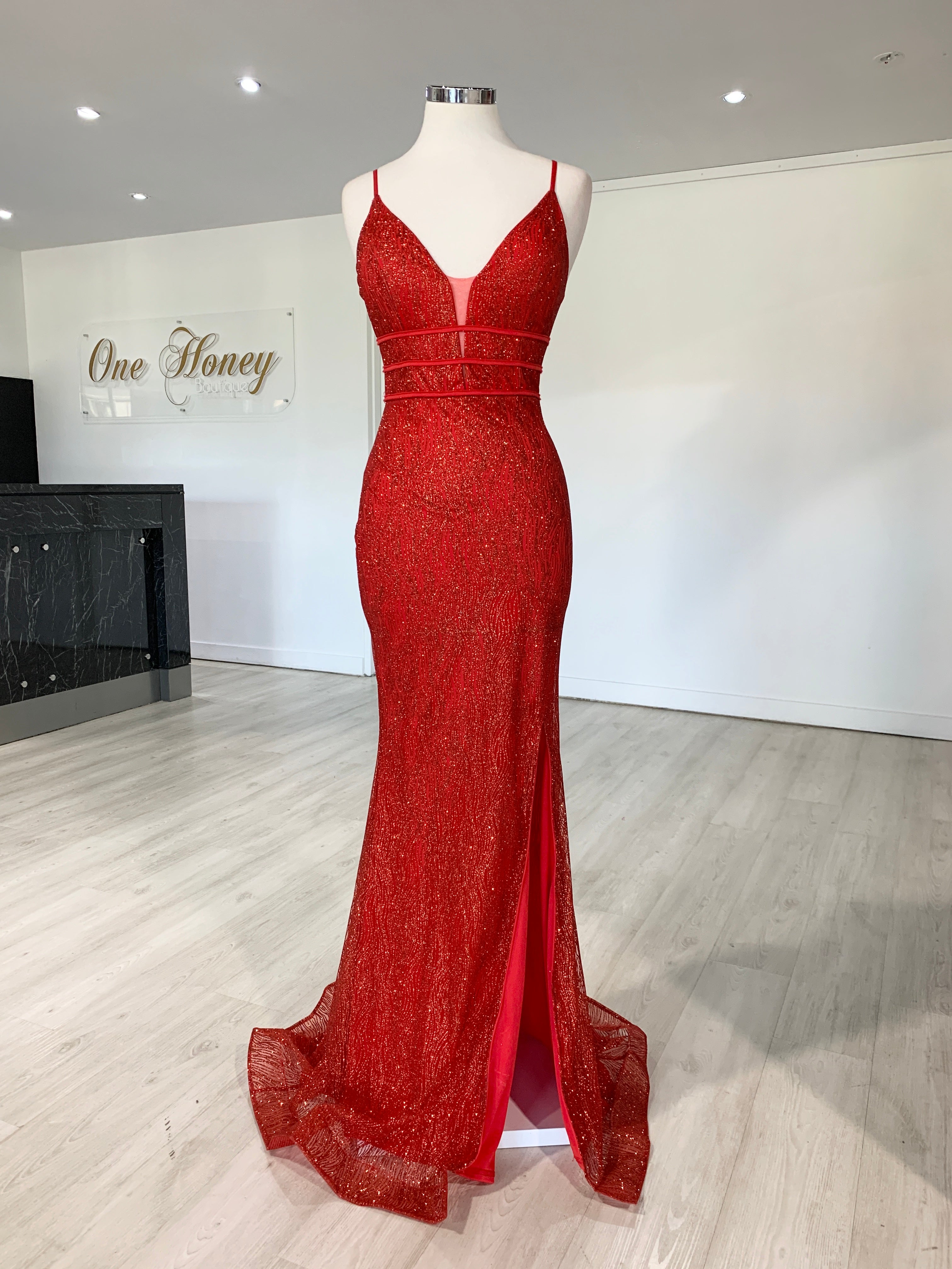Honey Couture SARAI Red Glitter Mermaid Evening Gown Dress {vendor} AfterPay Humm ZipPay LayBuy Sezzle