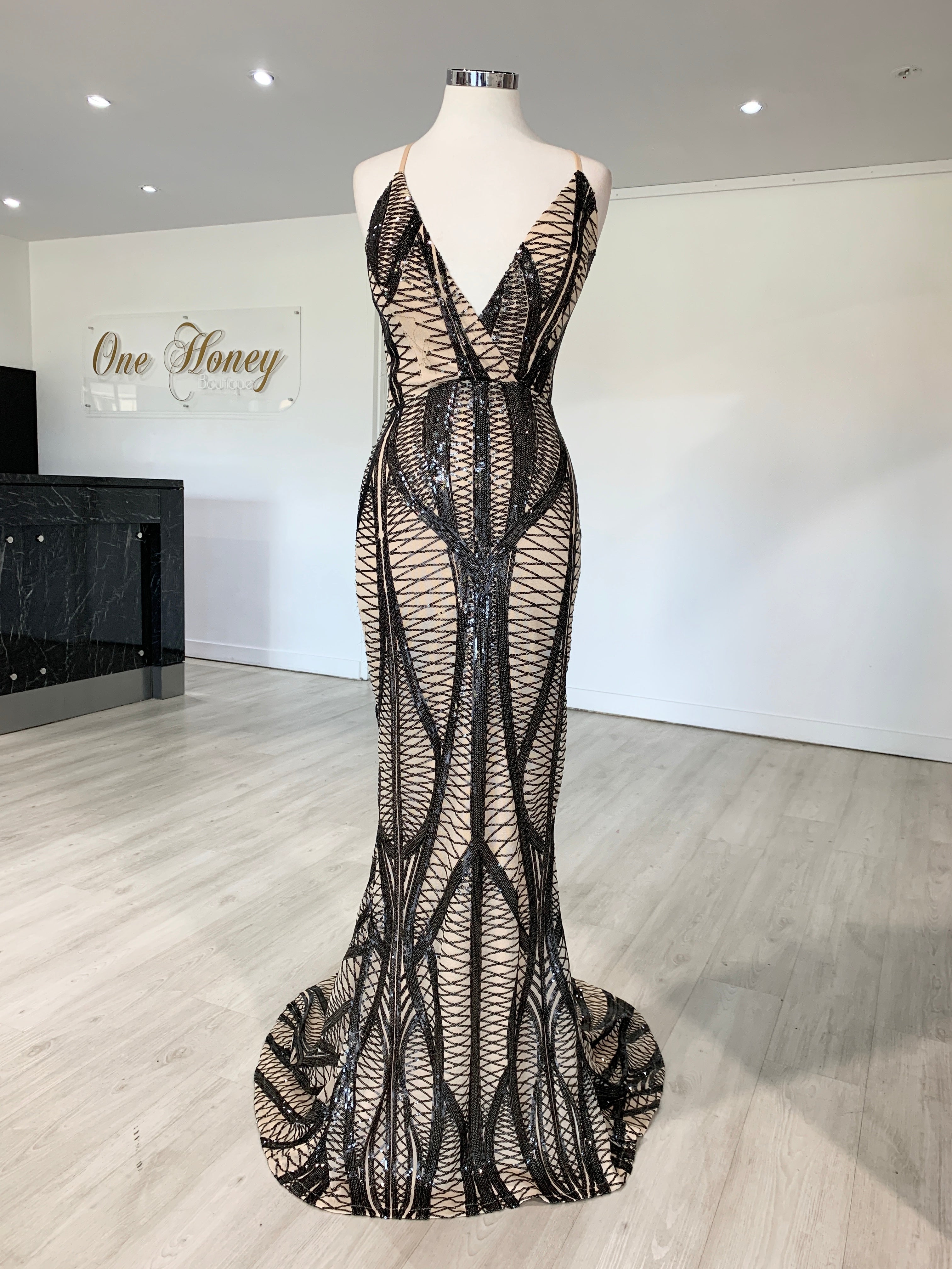 Honey Couture ALIZA Black Nude Sequin Mermaid Formal Dress {vendor} AfterPay Humm ZipPay LayBuy Sezzle