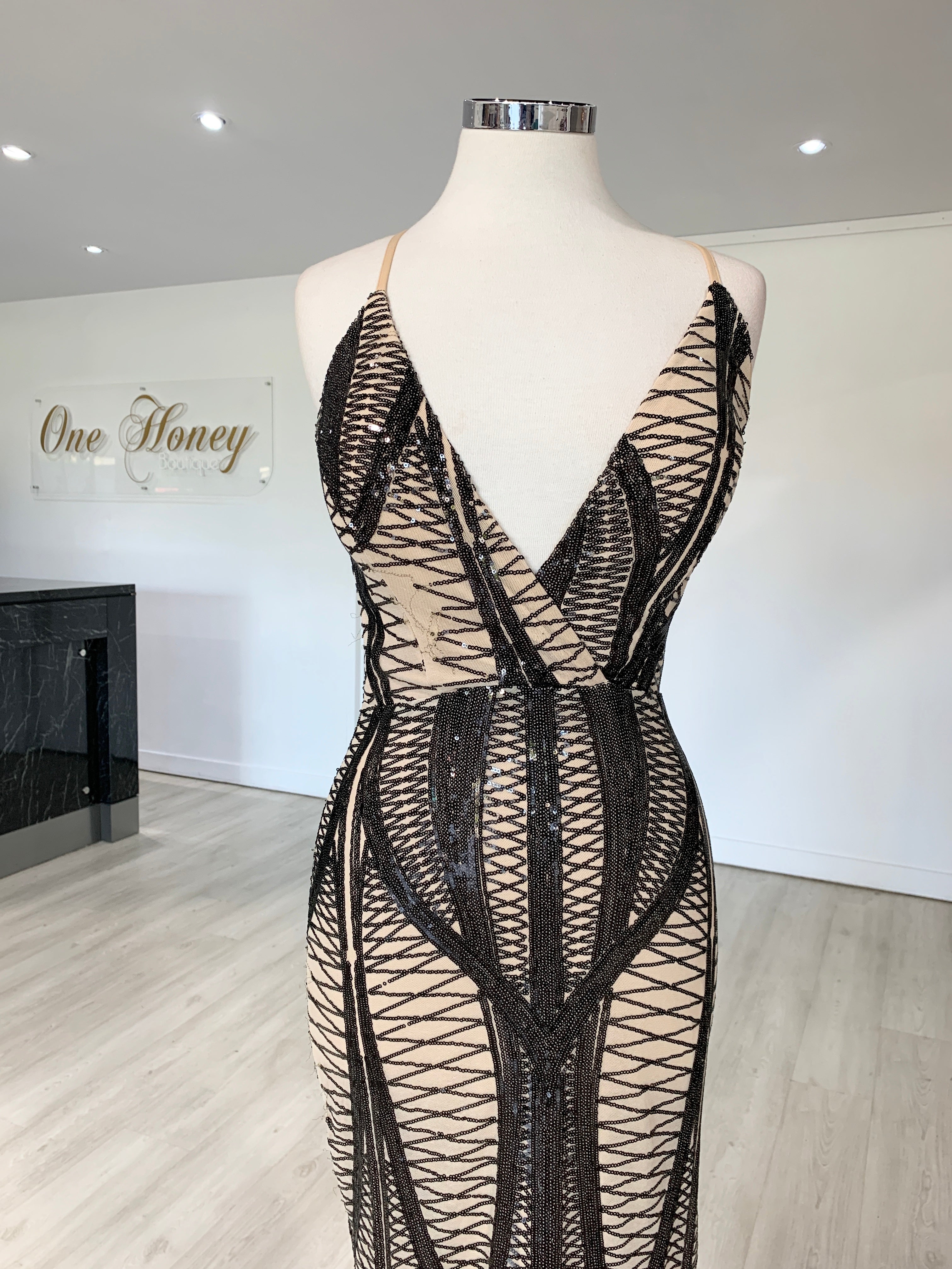 Honey Couture ALIZA Black Nude Sequin Mermaid Formal Dress {vendor} AfterPay Humm ZipPay LayBuy Sezzle