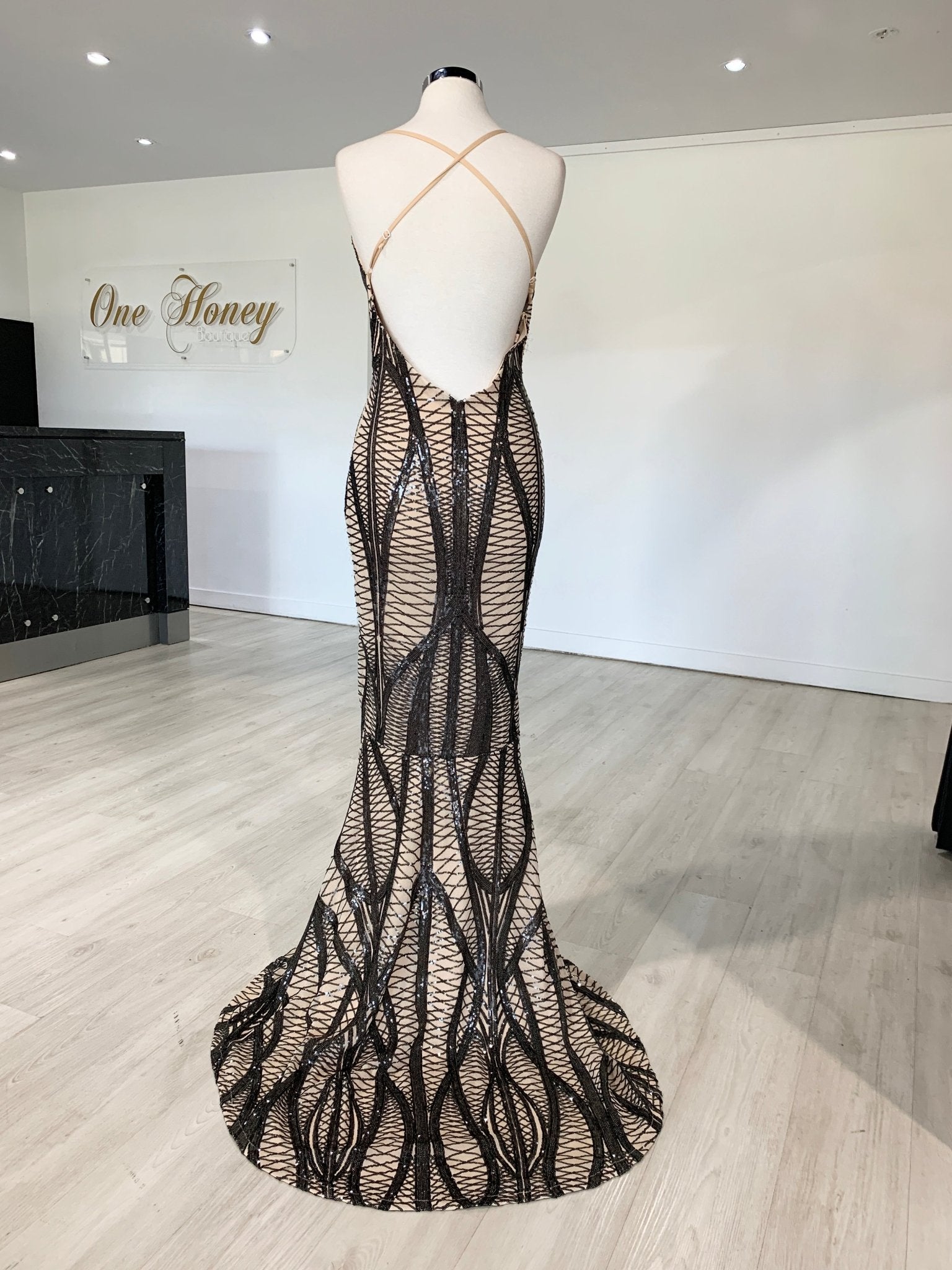 Honey Couture ALIZA Black Nude Sequin Mermaid Formal Dress in Australia | One Honey Boutique