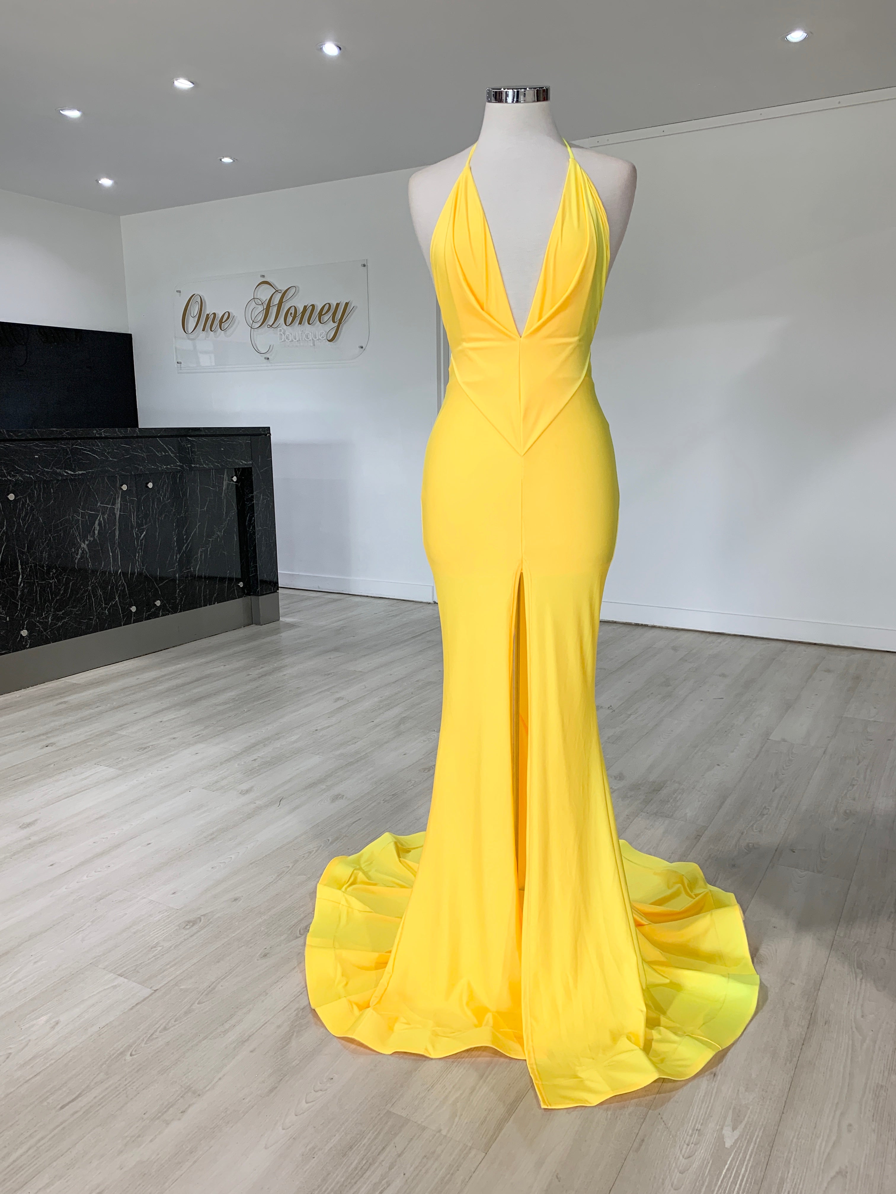 Honey Couture ARIANA Yellow Low Back Mermaid Evening Gown Dress {vendor} AfterPay Humm ZipPay LayBuy Sezzle