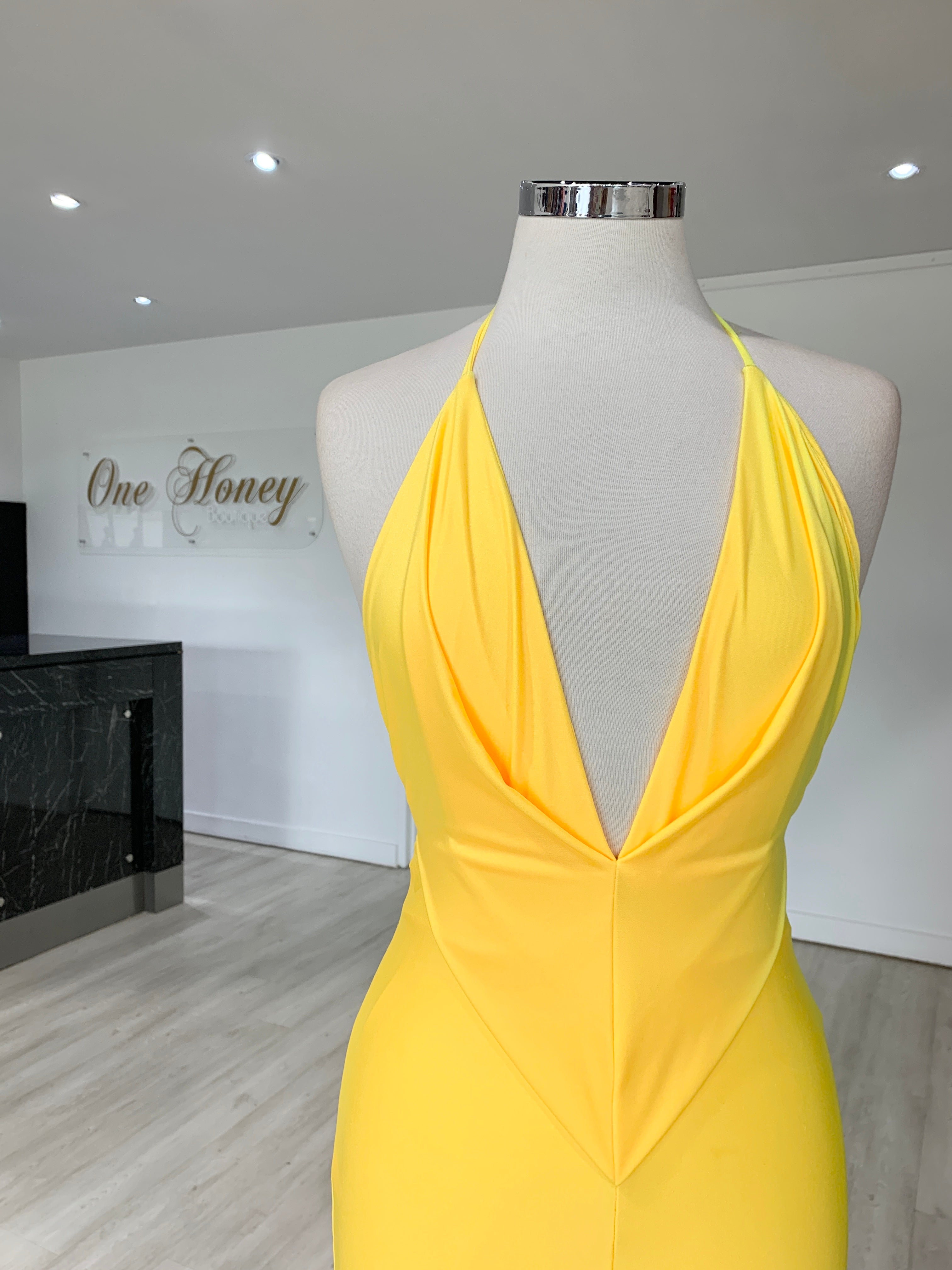 Honey Couture ARIANA Yellow Low Back Mermaid Evening Gown Dress {vendor} AfterPay Humm ZipPay LayBuy Sezzle