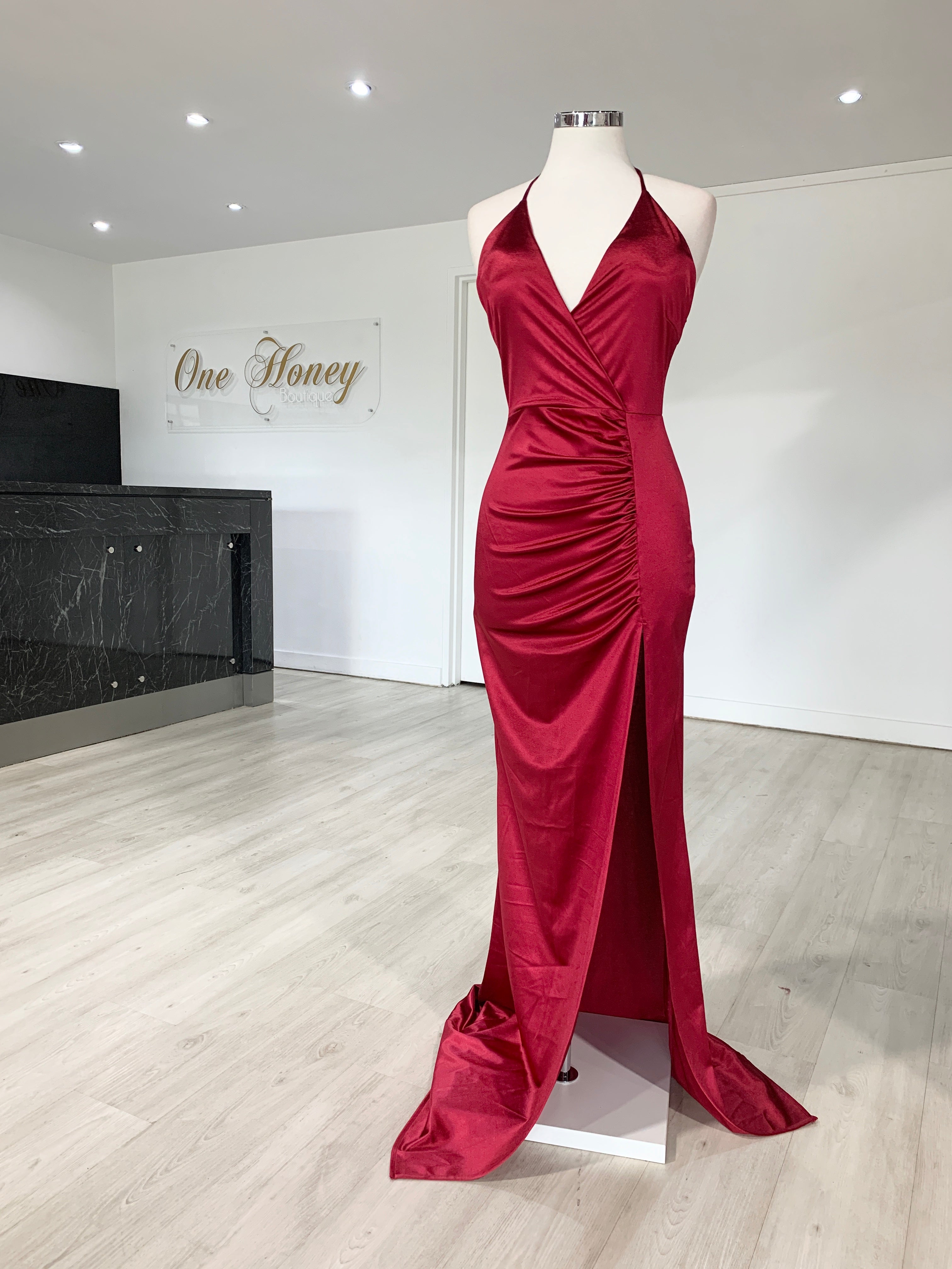 Honey Couture GISSELLE Berry Split Evening Gown Dress {vendor} AfterPay Humm ZipPay LayBuy Sezzle