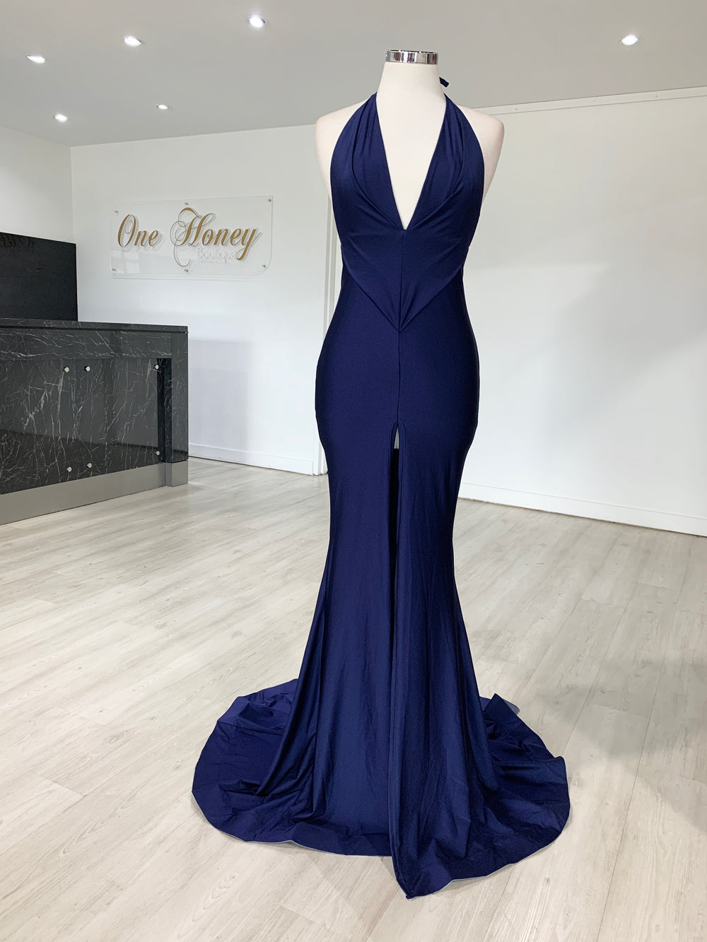 Honey Couture ARIANA Navy Blue Low Back Mermaid Evening Gown Dress