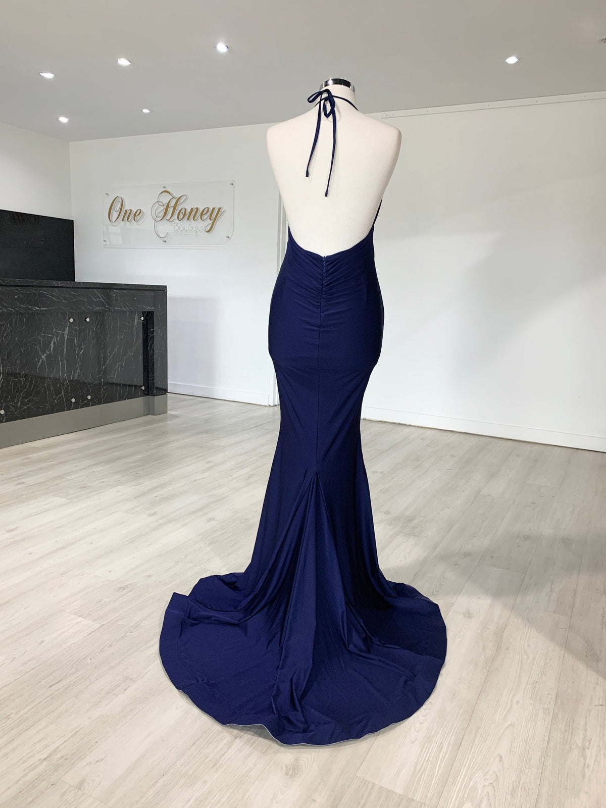 strapless open back dress Prom Frocks PF9949 French Navy Satin Tie Back Prom Dress – Dotique main image 1