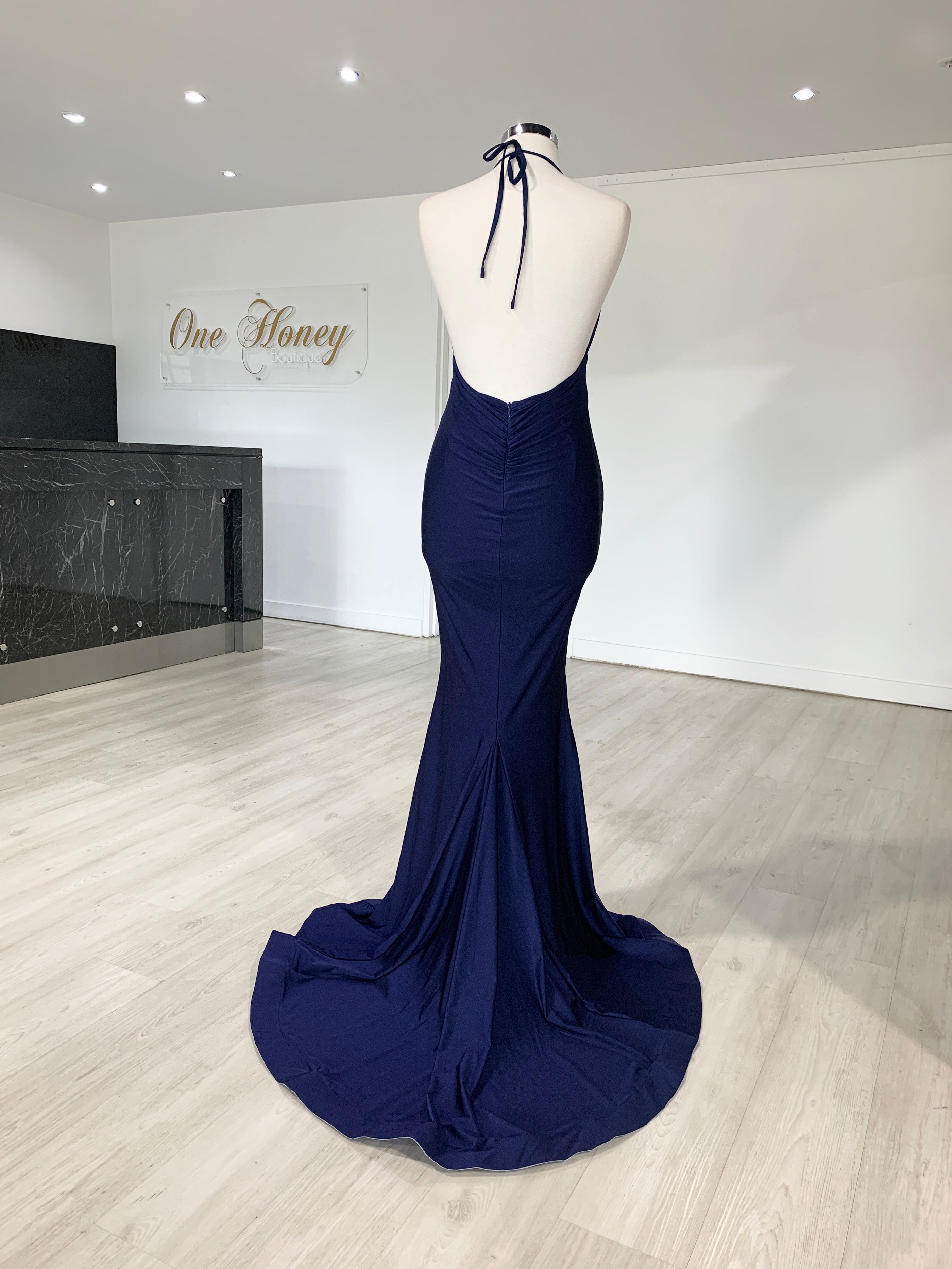 Honey Couture ARIANA Navy Blue Low Back Mermaid Evening Gown Dress
