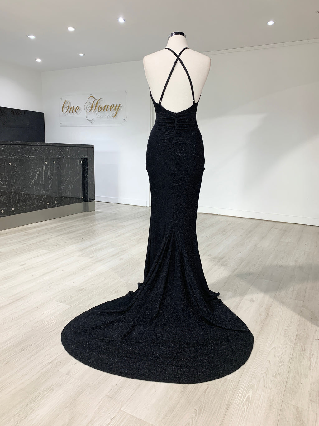 Honey Couture LUREX Black Sparkle Mermaid Evening Gown Dress