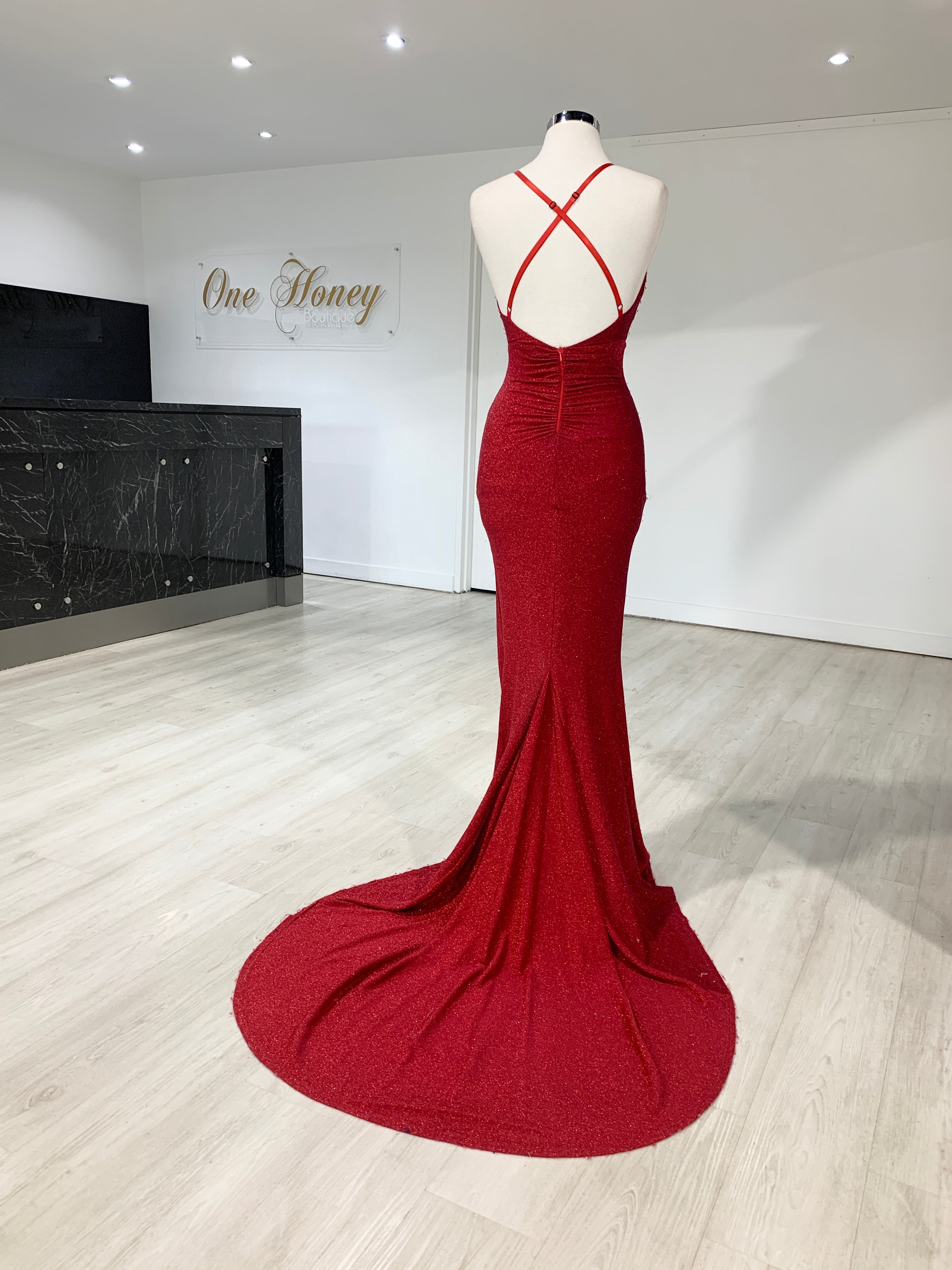 Honey Couture LUREX Red Sparkle Mermaid Evening Gown Dress {vendor} AfterPay Humm ZipPay LayBuy Sezzle