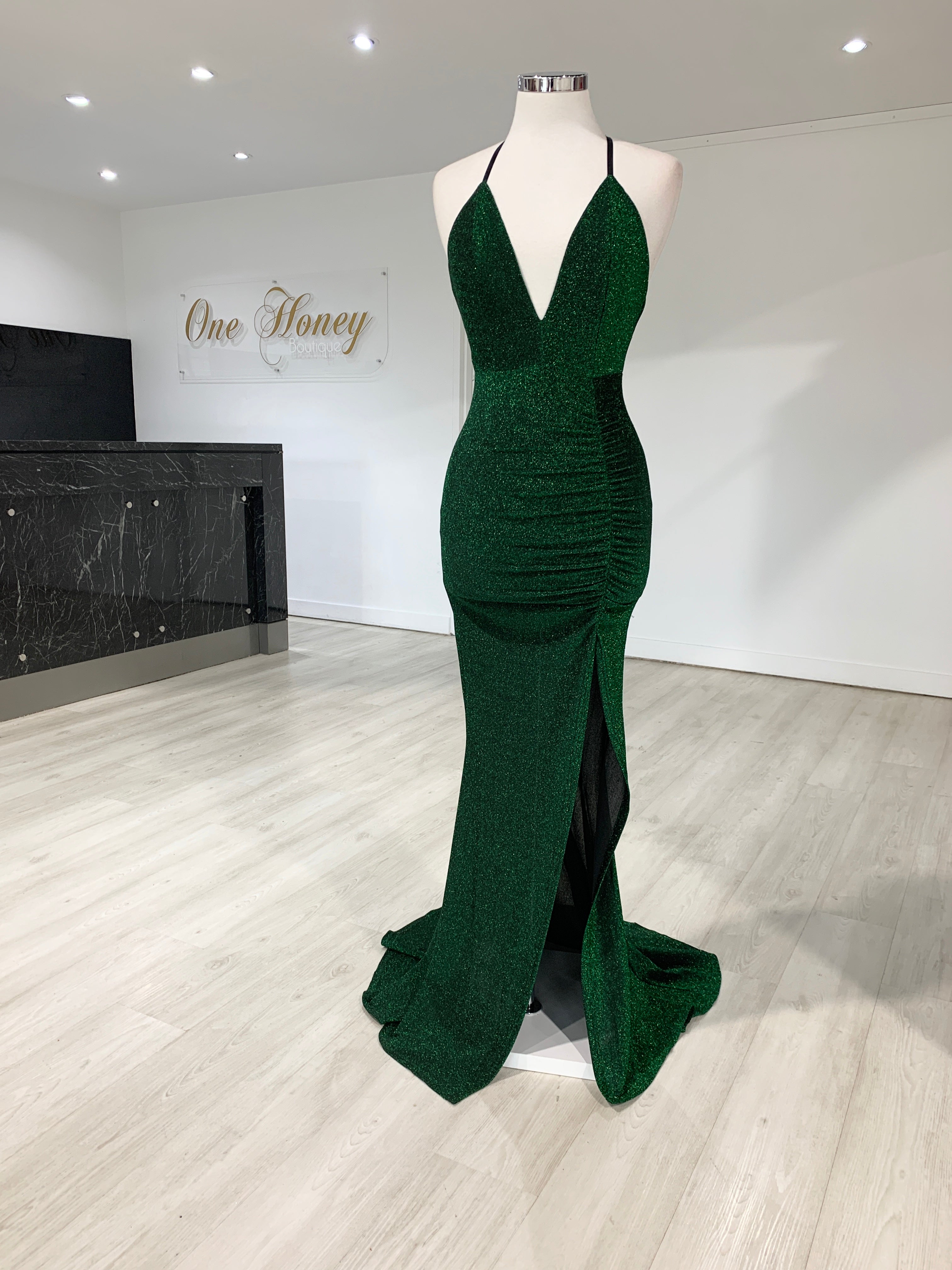 Honey Couture LUREX Emerald Green Sparkle Mermaid Evening Gown Dress {vendor} AfterPay Humm ZipPay LayBuy Sezzle