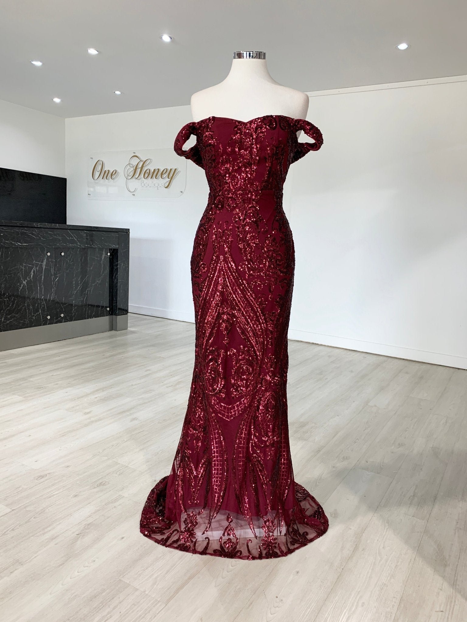 Honey Couture NISHIN Burgundy Off Shoulder Sequin Evening Gown Dress in Australia | One Honey Boutique