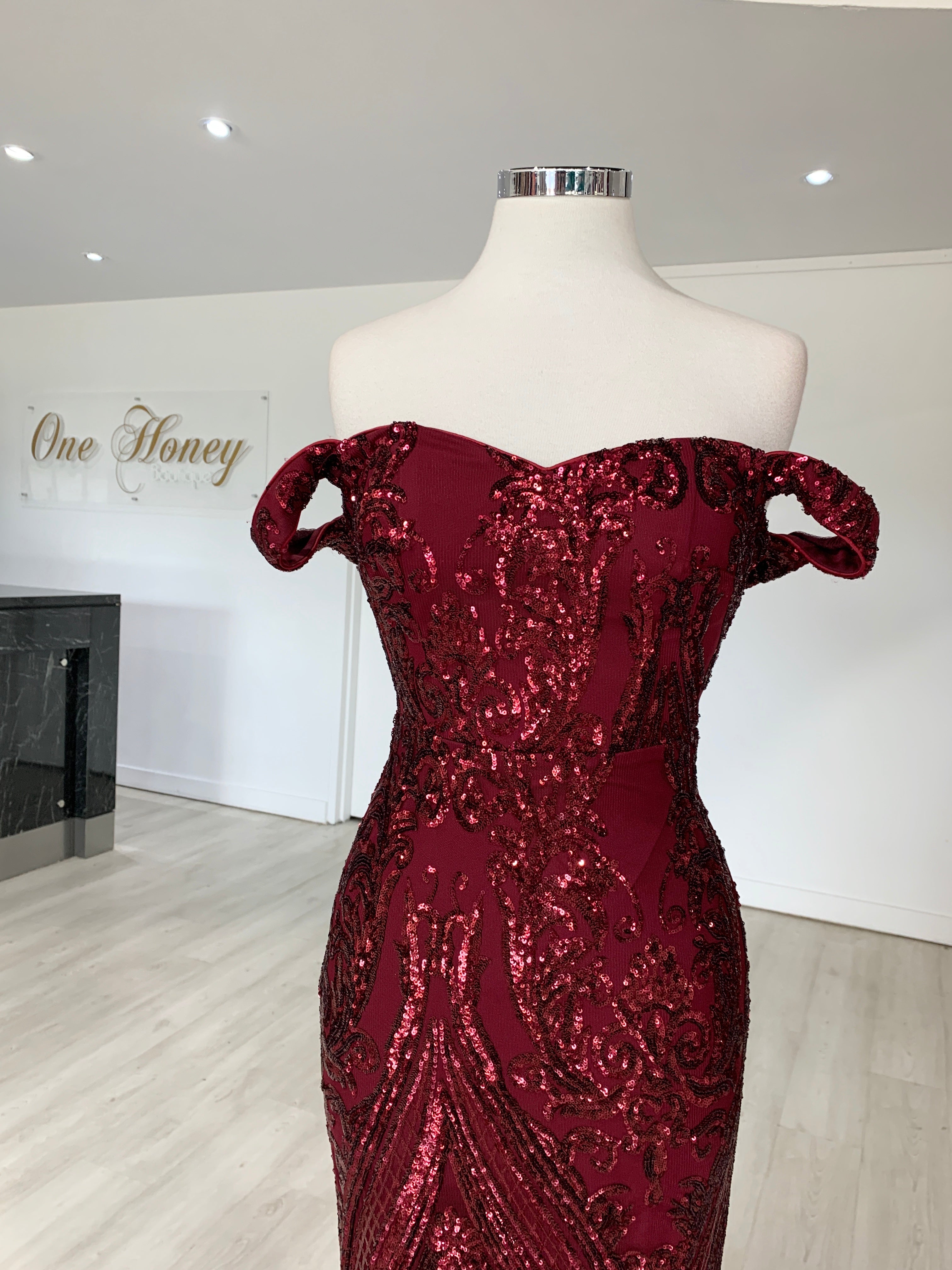 Honey Couture NISHIN Burgundy Off Shoulder Sequin Evening Gown Dress {vendor} AfterPay Humm ZipPay LayBuy Sezzle