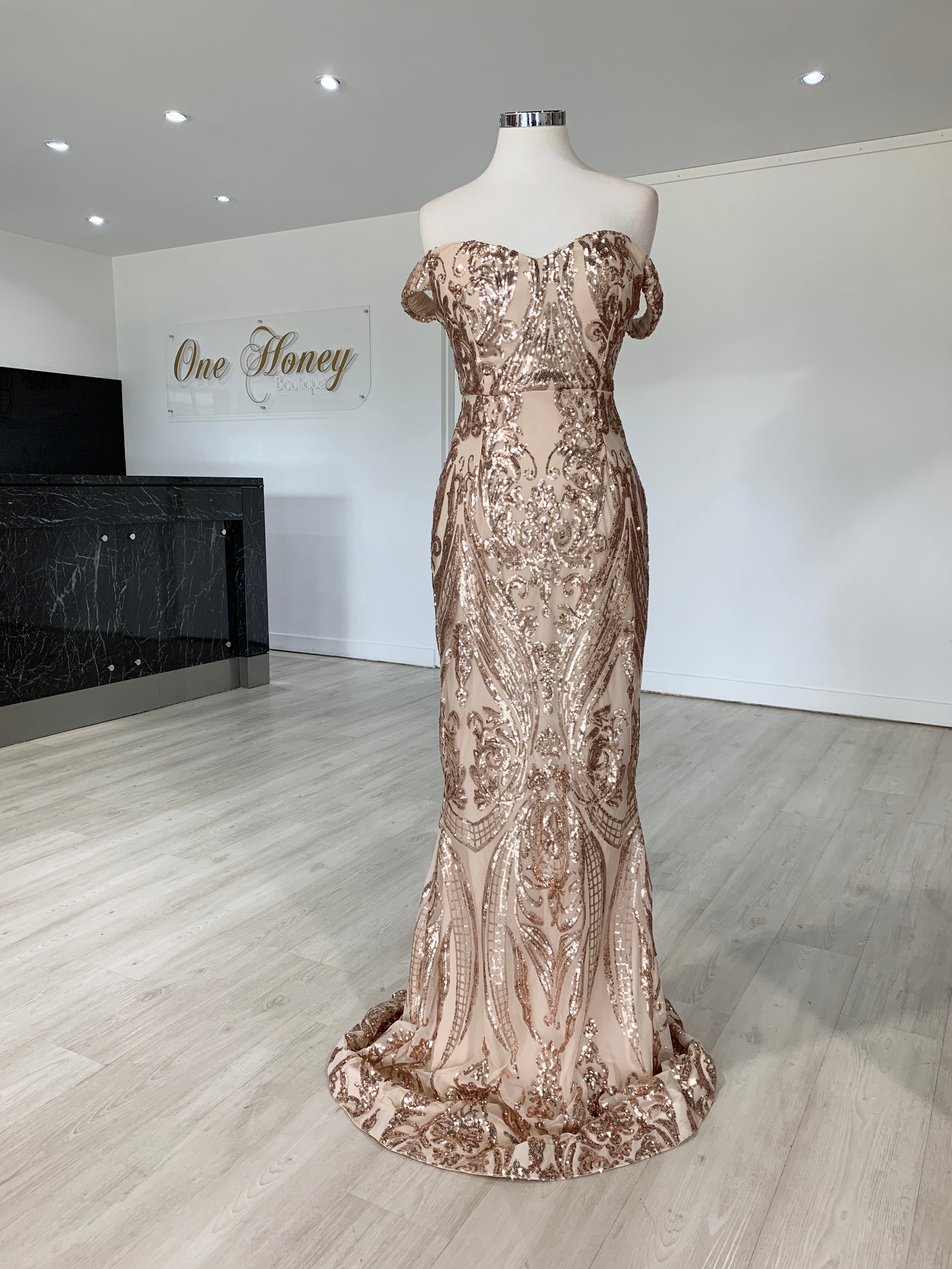 Honey Couture ALISSA Gold Off Shoulder Sequin Formal Dress {vendor} AfterPay Humm ZipPay LayBuy Sezzle