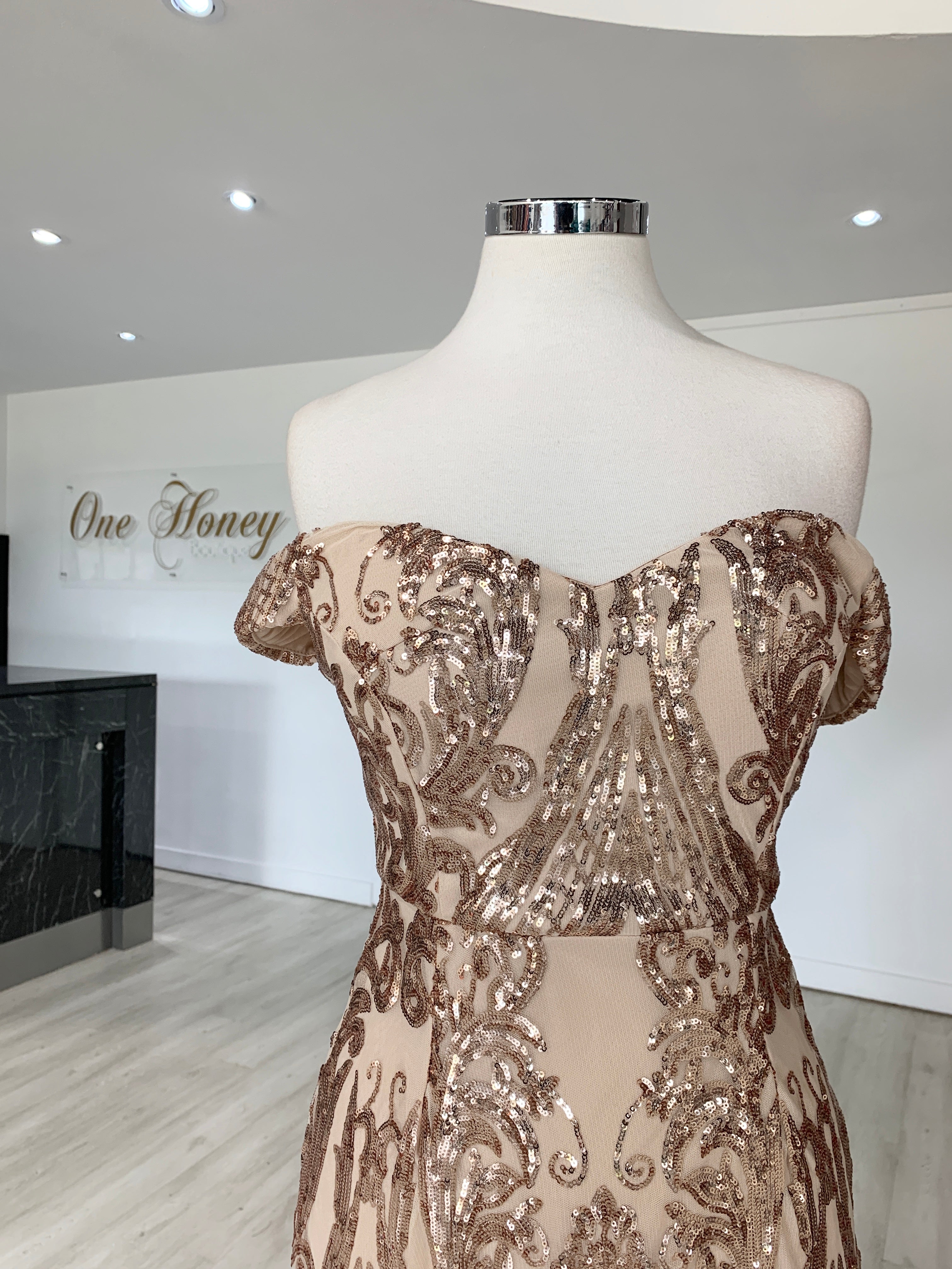 Honey Couture ALISSA Gold Off Shoulder Sequin Formal Dress {vendor} AfterPay Humm ZipPay LayBuy Sezzle