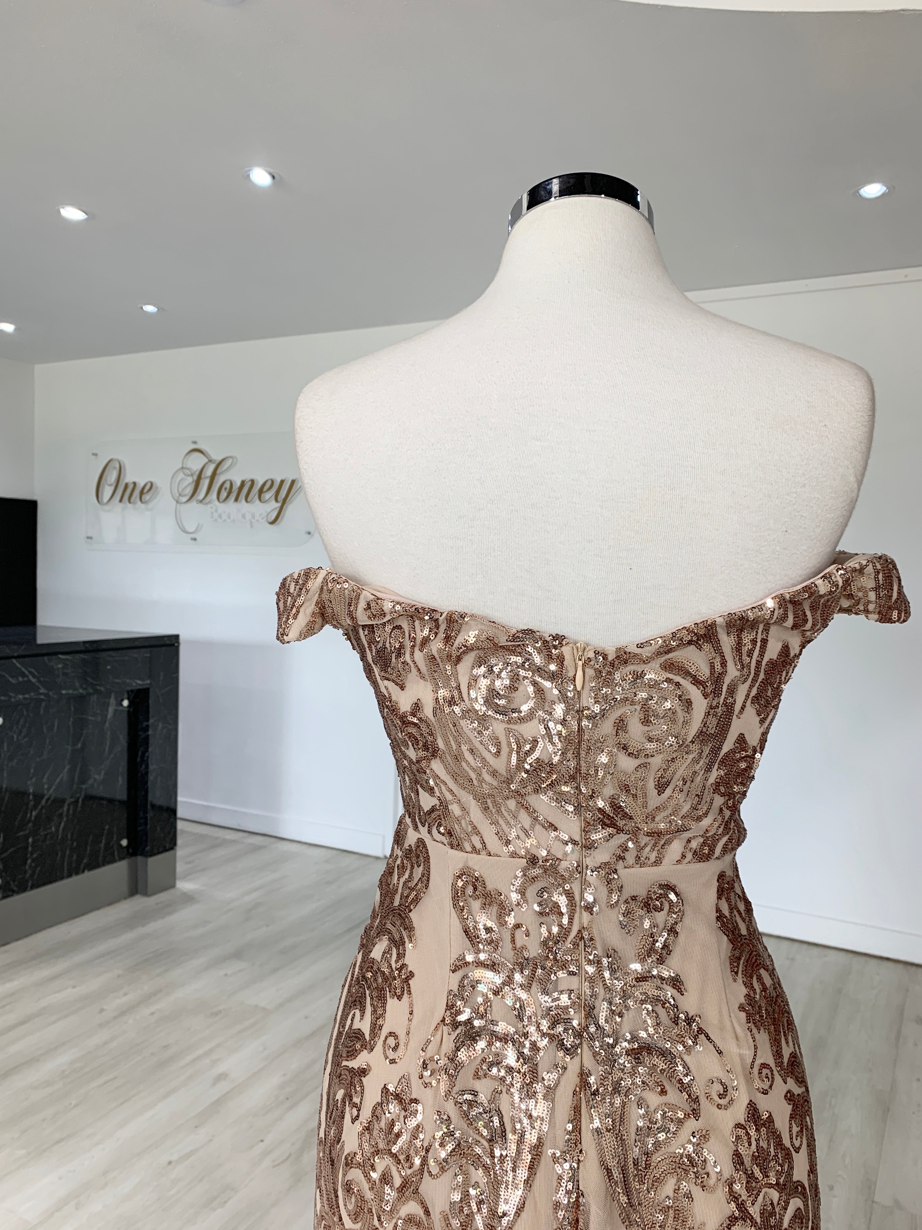 Honey Couture ALISSA Gold Off Shoulder Sequin Formal Dress {vendor} AfterPay Humm ZipPay LayBuy Sezzle