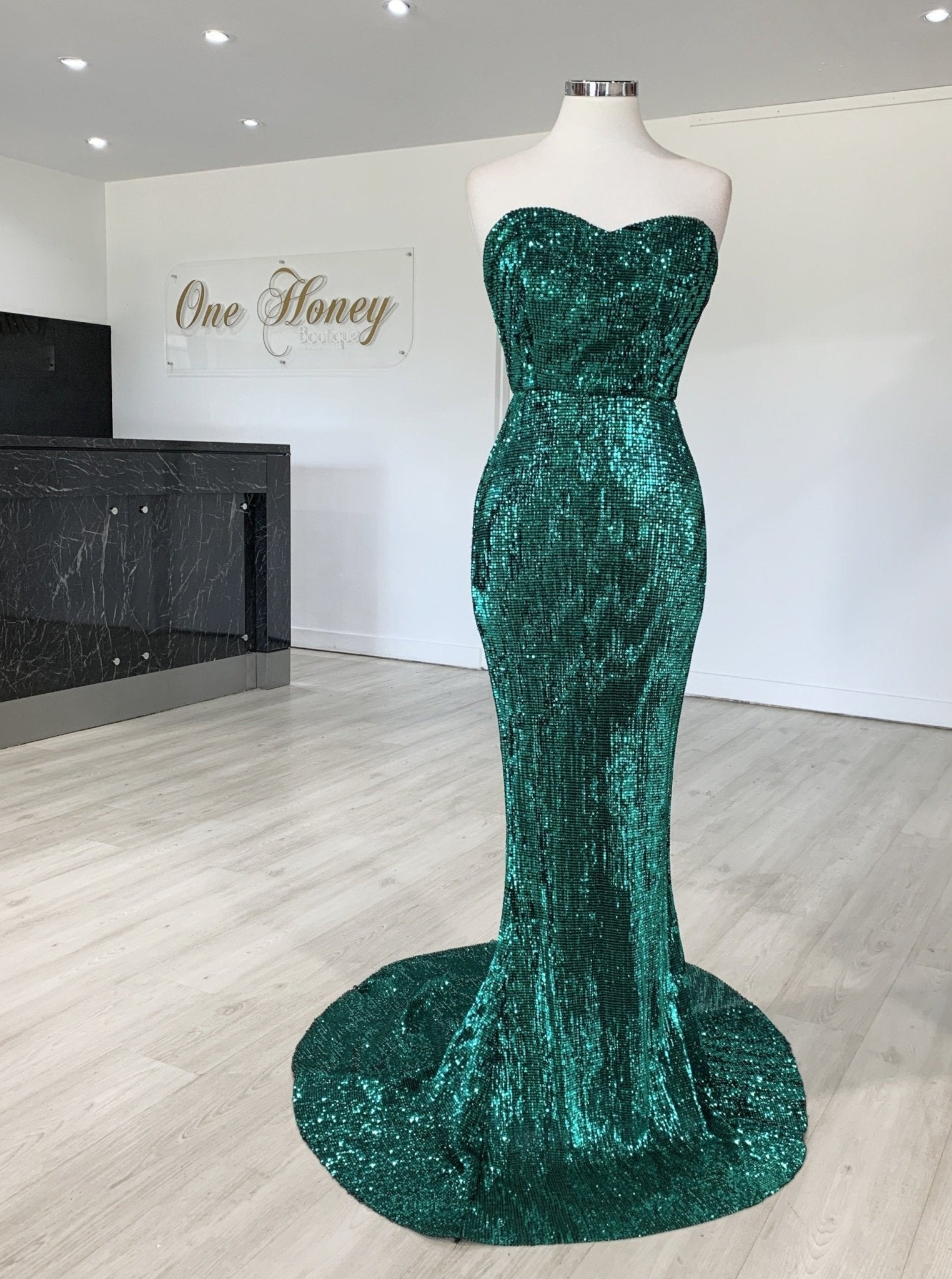 Honey Couture SONYA Emerald Green Strapless Sequin Evening Gown Dress in Australia | One Honey Boutique
