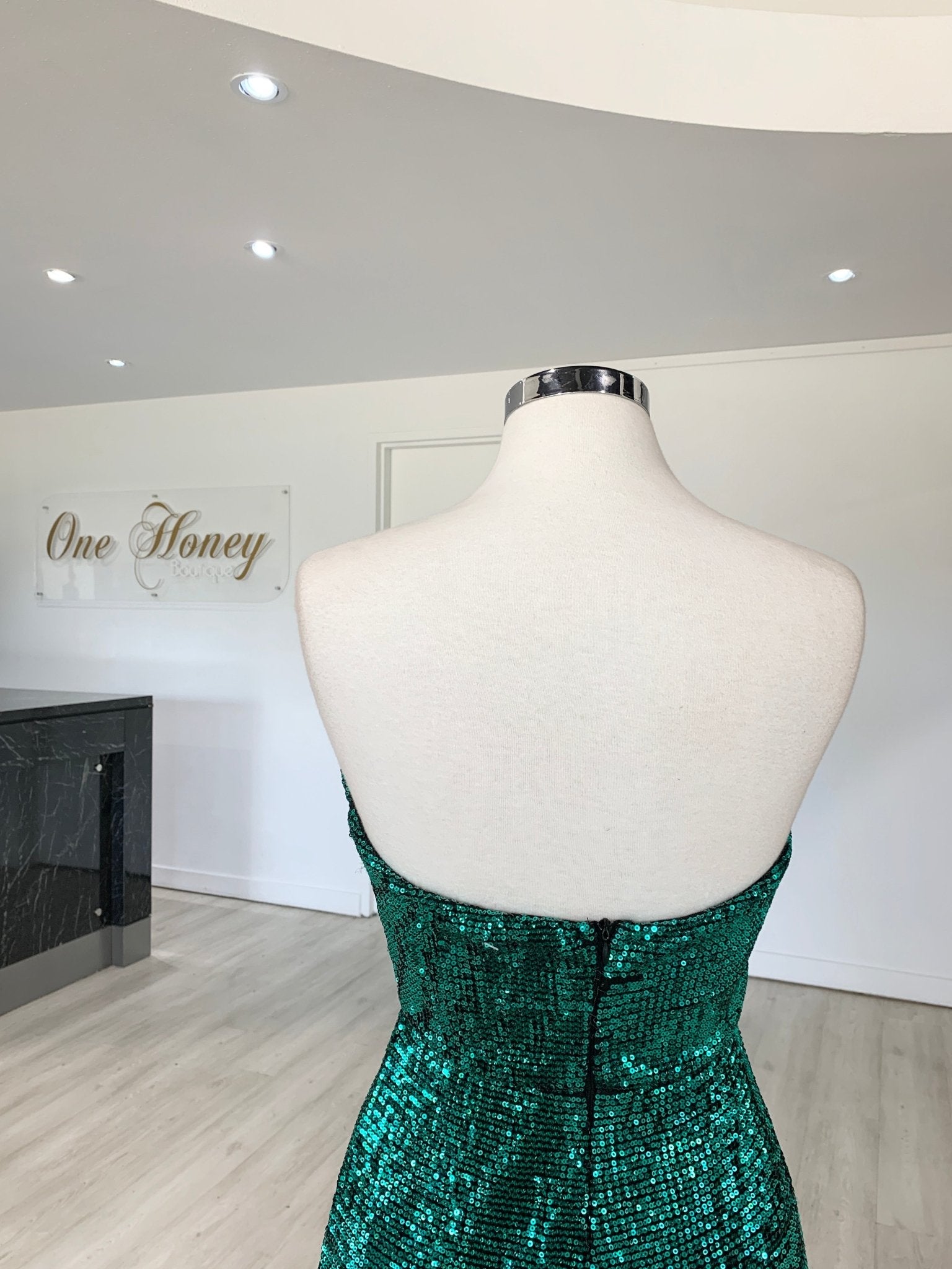Honey Couture SONYA Emerald Green Strapless Sequin Evening Gown Dress in Australia | One Honey Boutique