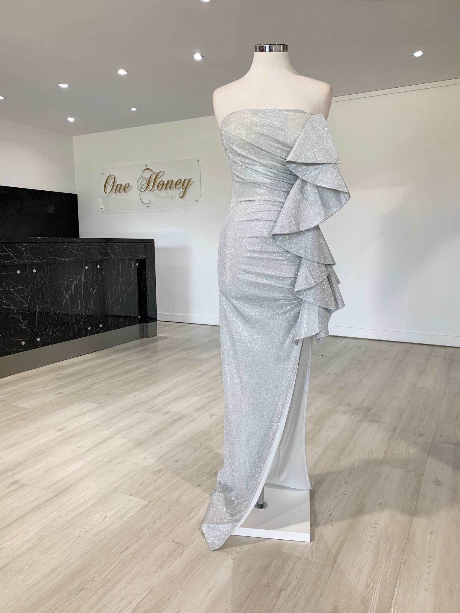 Honey Couture DESTINY Silver Sequin Ruffle Strapless Formal Gown Dress in Australia | One Honey Boutique