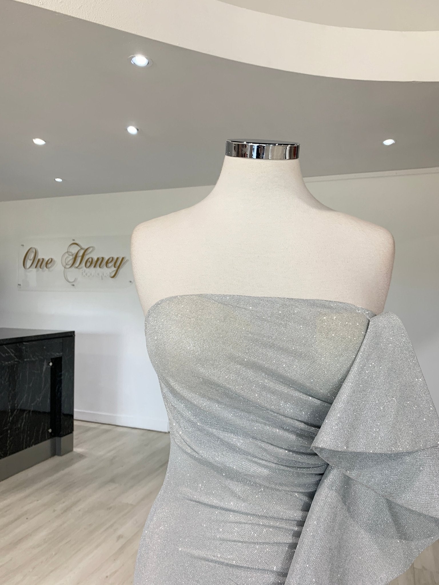 Honey Couture DESTINY Silver Sequin Ruffle Strapless Formal Gown Dress in Australia | One Honey Boutique