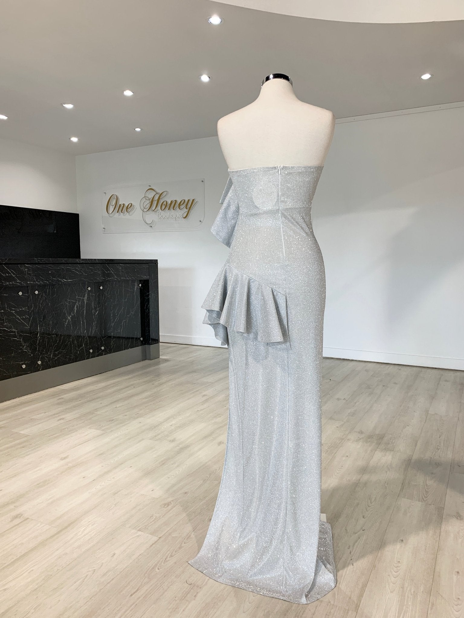 Honey Couture DESTINY Silver Sequin Ruffle Strapless Formal Gown Dress in Australia | One Honey Boutique