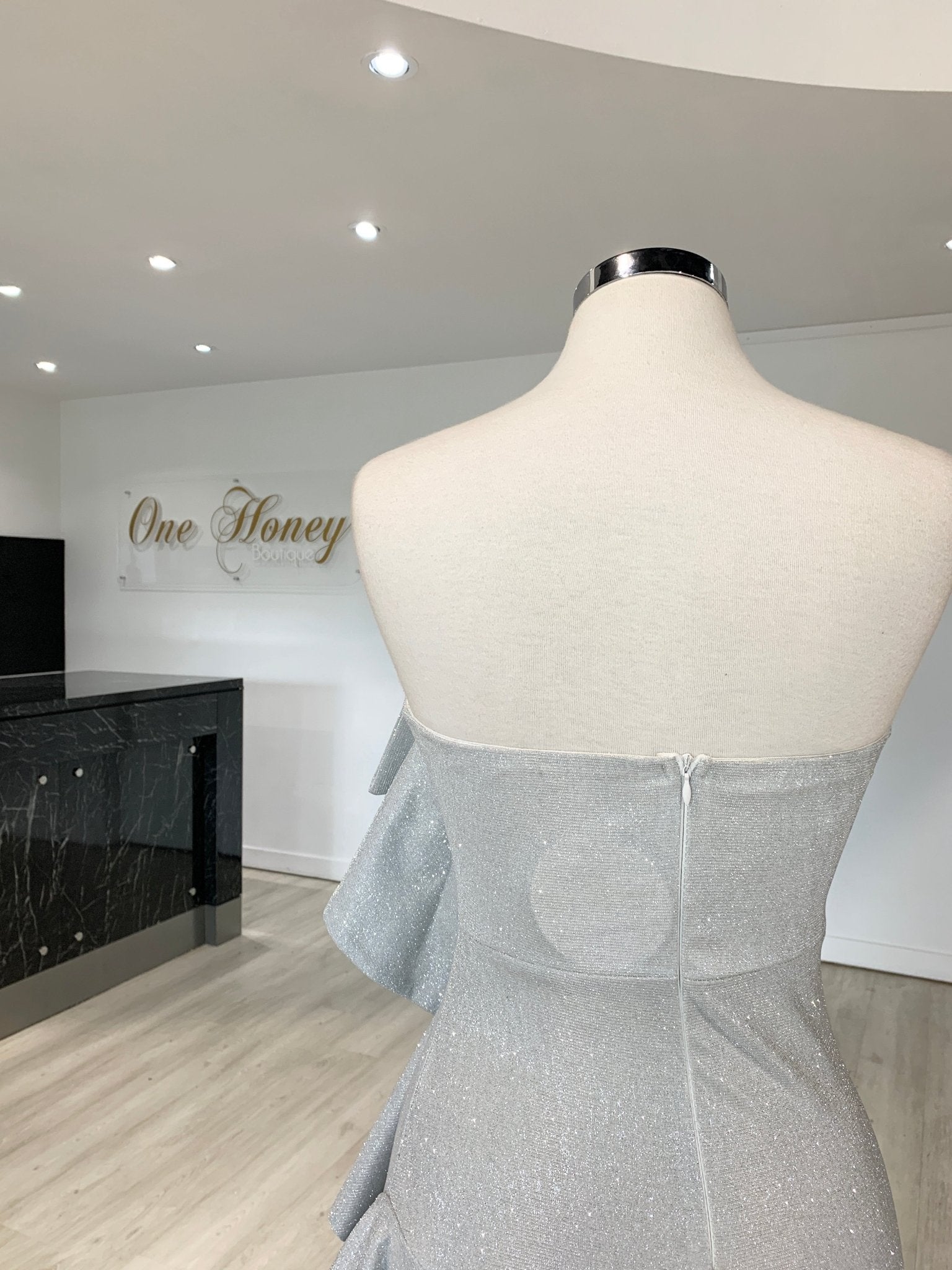 Honey Couture DESTINY Silver Sequin Ruffle Strapless Formal Gown Dress in Australia | One Honey Boutique