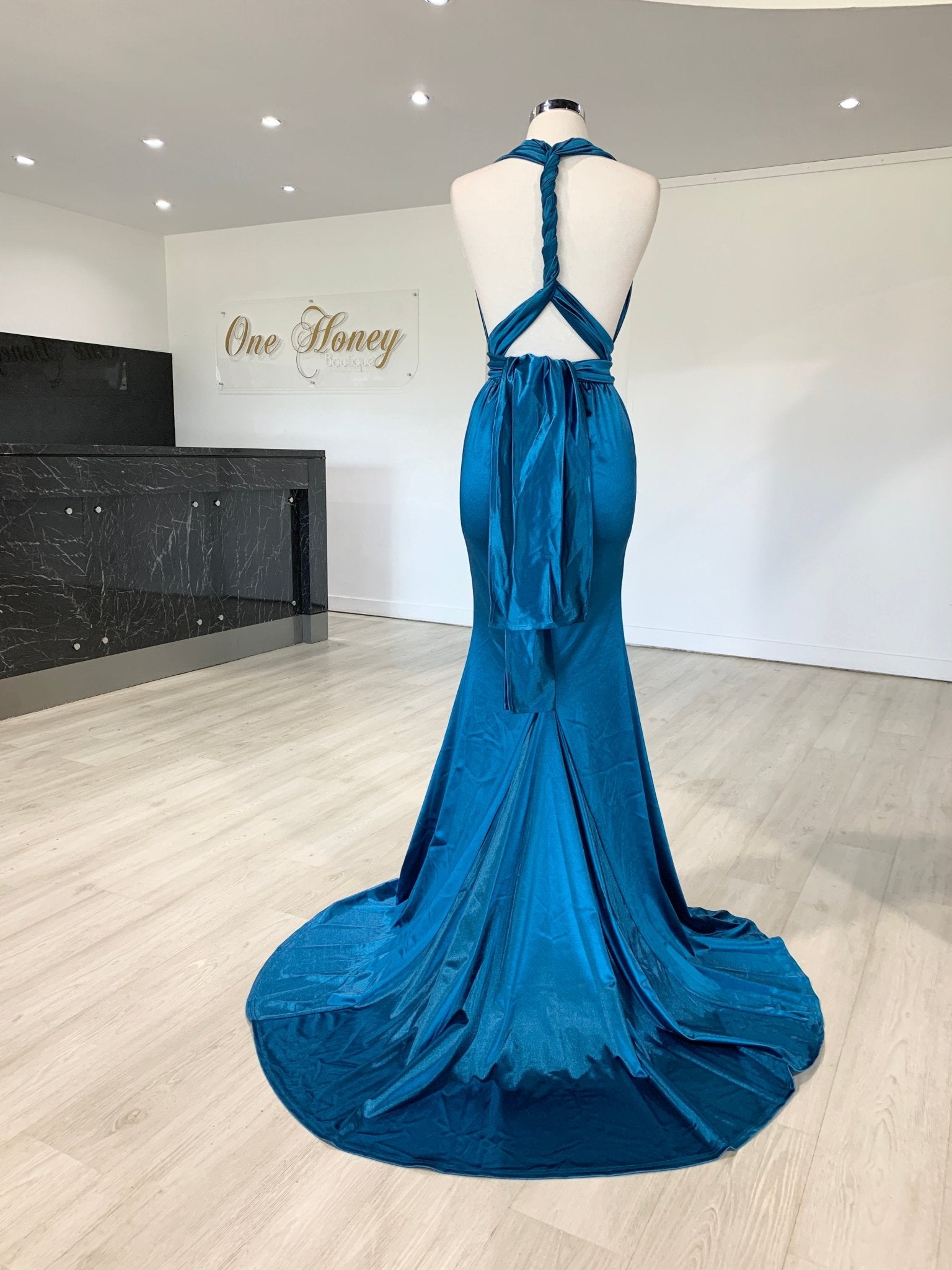 Honey Couture BLOSSUM Blue Multi Tie Evening Gown Dress in Australia | One Honey Boutique