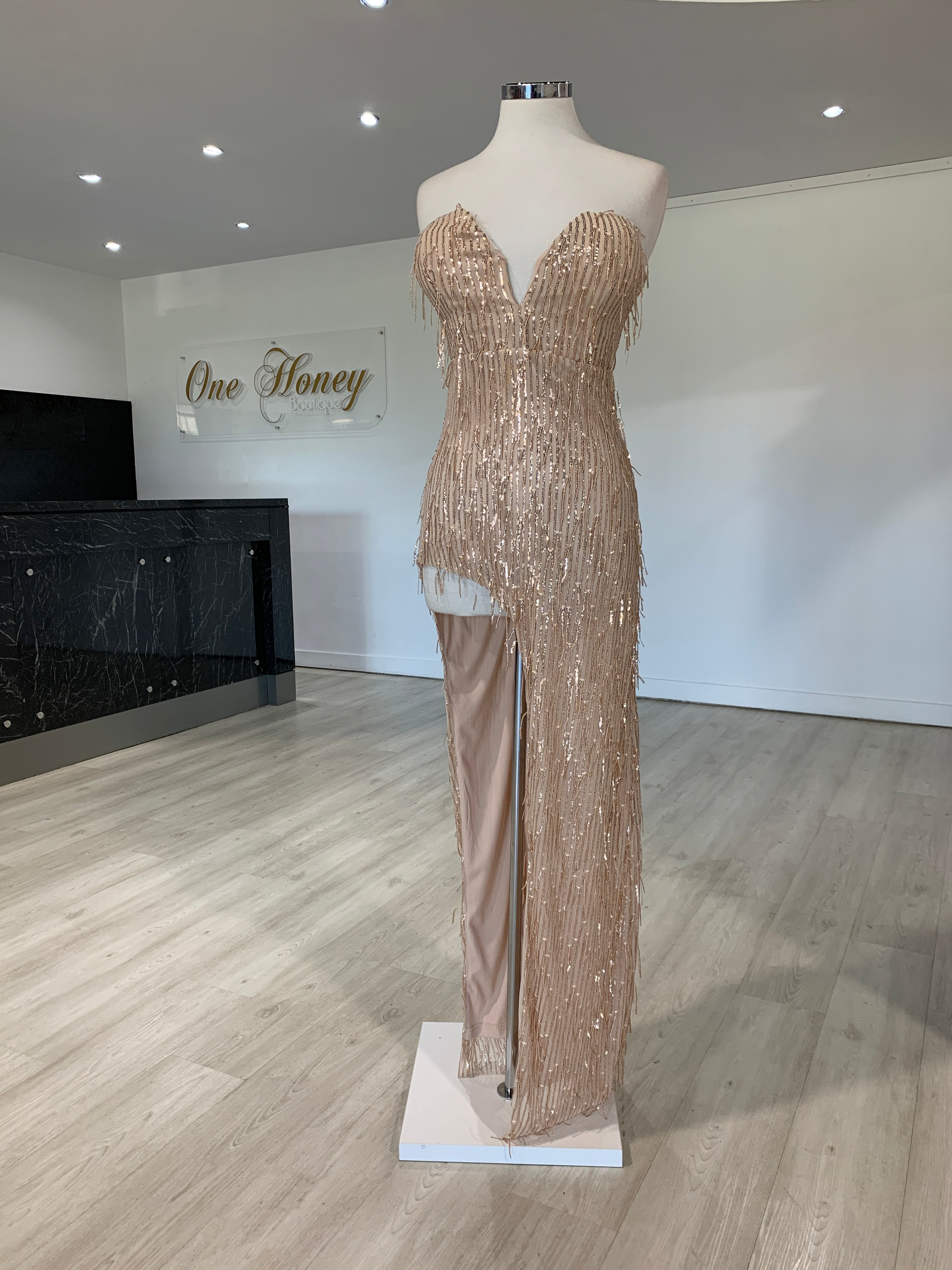 Honey Couture IRENE Gold Strapless Tassel Sequin Formal Dress {vendor} AfterPay Humm ZipPay LayBuy Sezzle