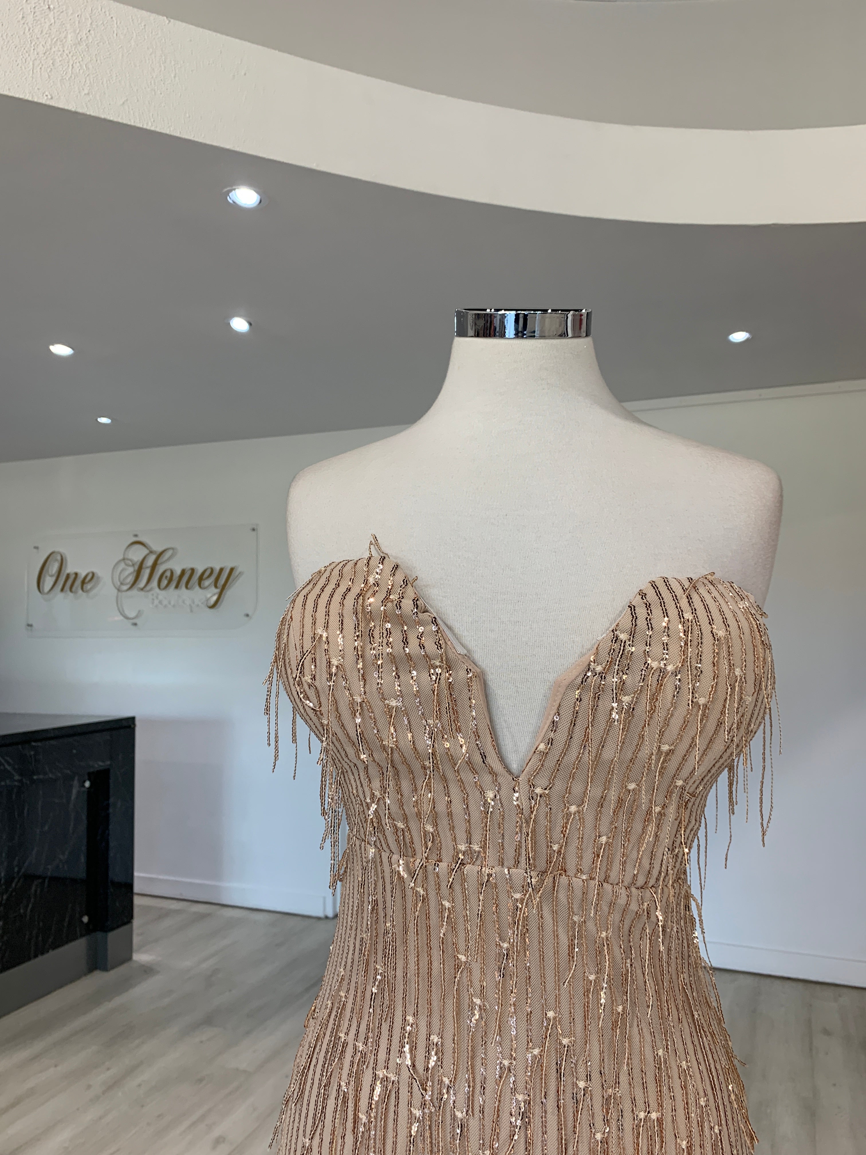 Honey Couture IRENE Gold Strapless Tassel Sequin Formal Dress {vendor} AfterPay Humm ZipPay LayBuy Sezzle