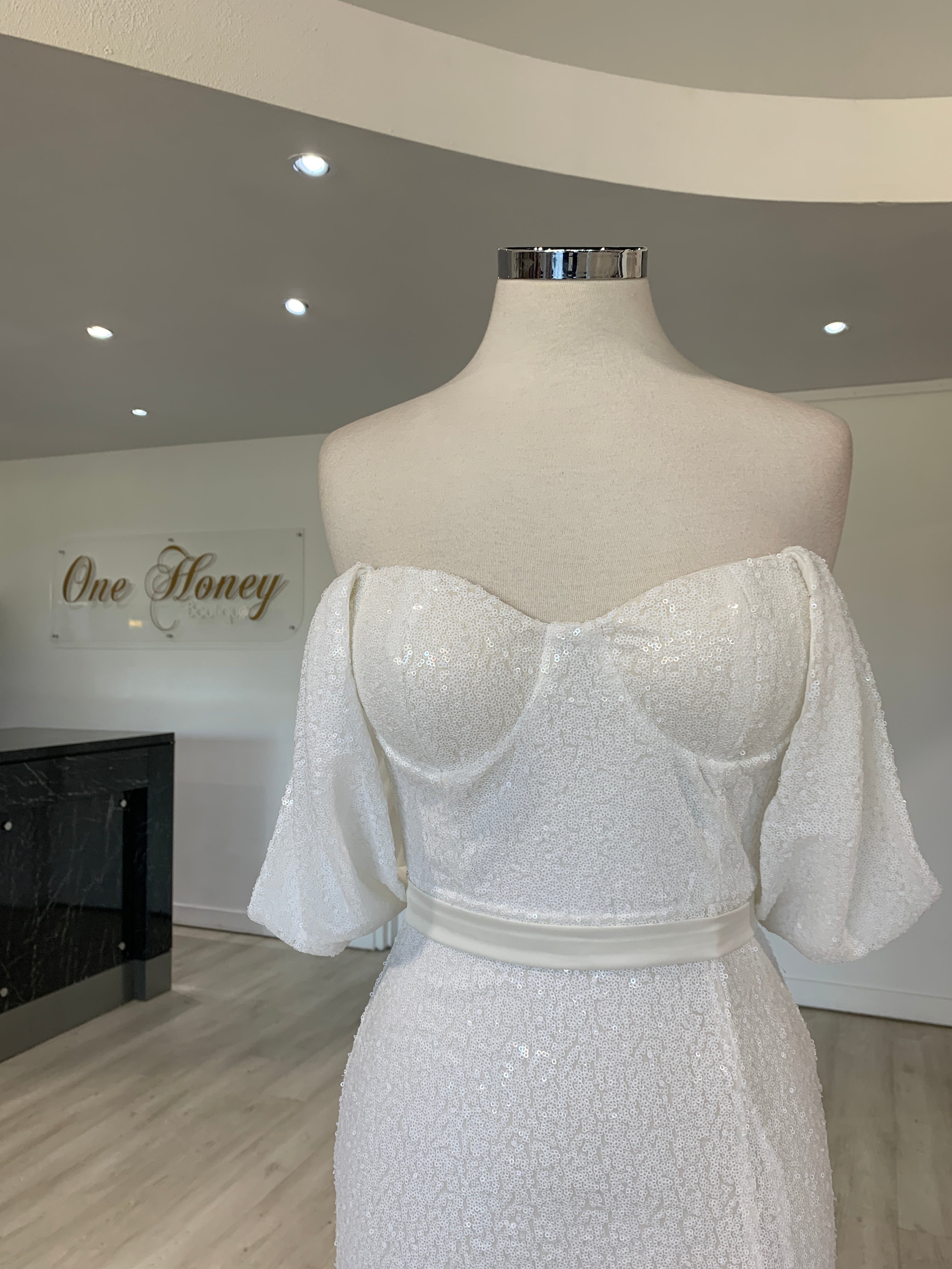 Honey Couture MIYA White Off Shoulder Bustier Sequin Evening Gown Dress {vendor} AfterPay Humm ZipPay LayBuy Sezzle