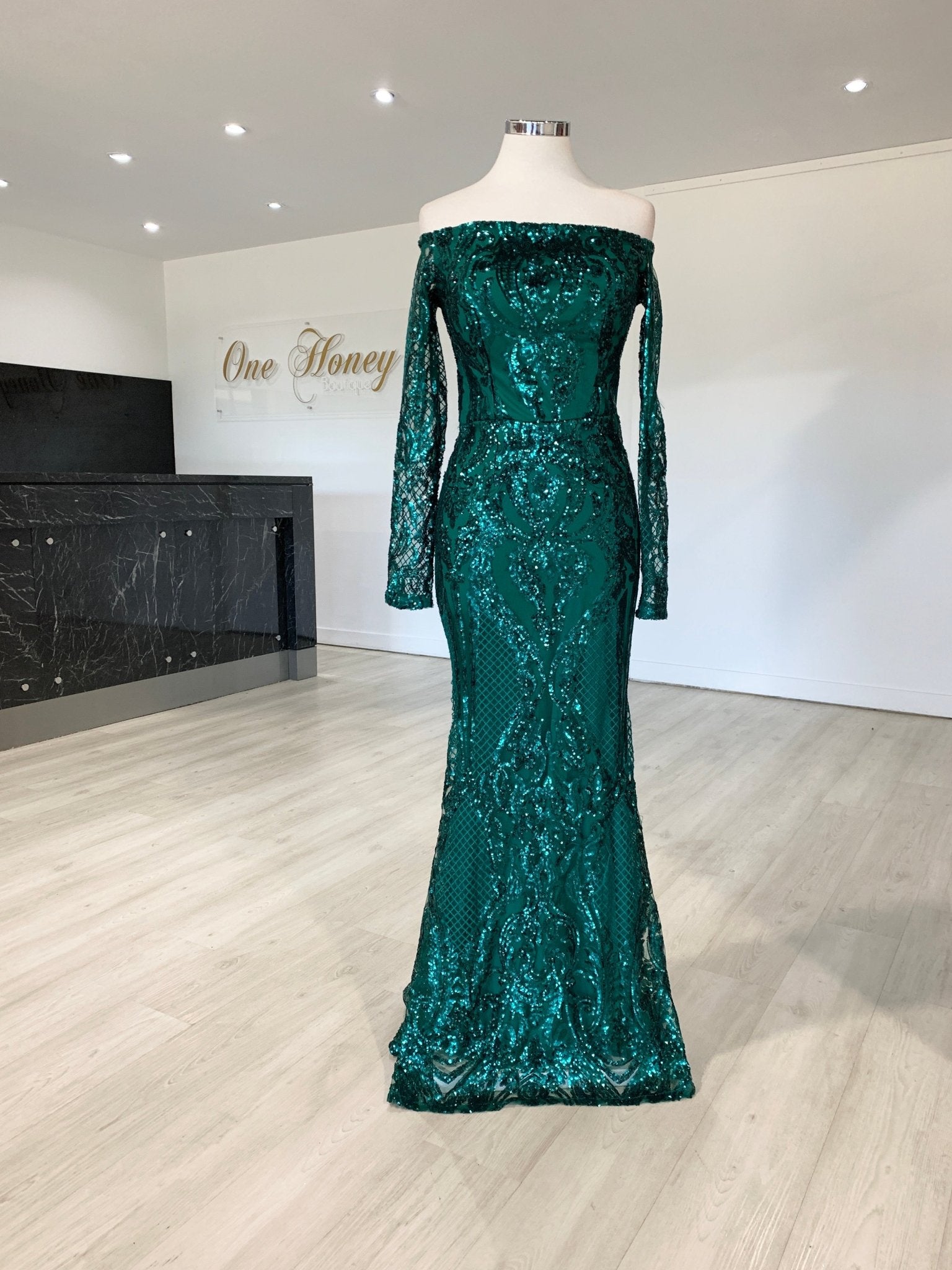 Honey Couture SOFIA Green Glitter Snake Long Sleeve Evening Gown Dress in Australia | One Honey Boutique