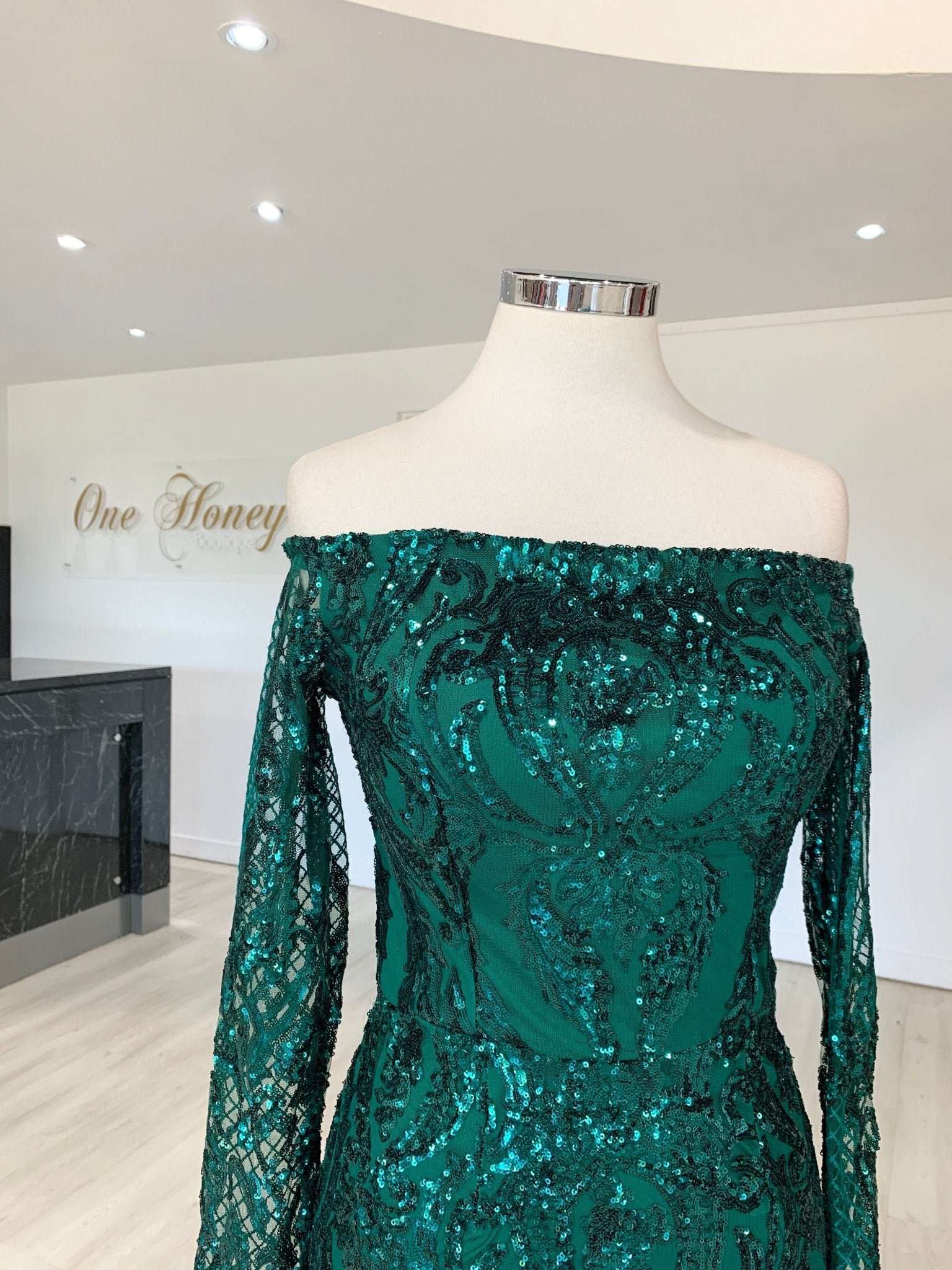 Honey Couture SOFIA Green Glitter Snake Long Sleeve Evening Gown Dress in Australia | One Honey Boutique