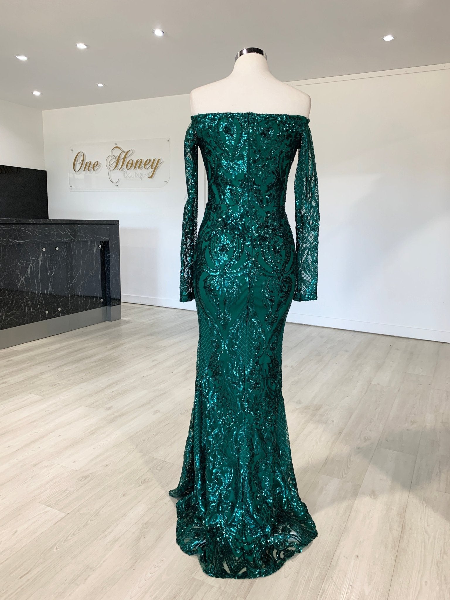 Honey Couture SOFIA Green Glitter Snake Long Sleeve Evening Gown Dress in Australia | One Honey Boutique