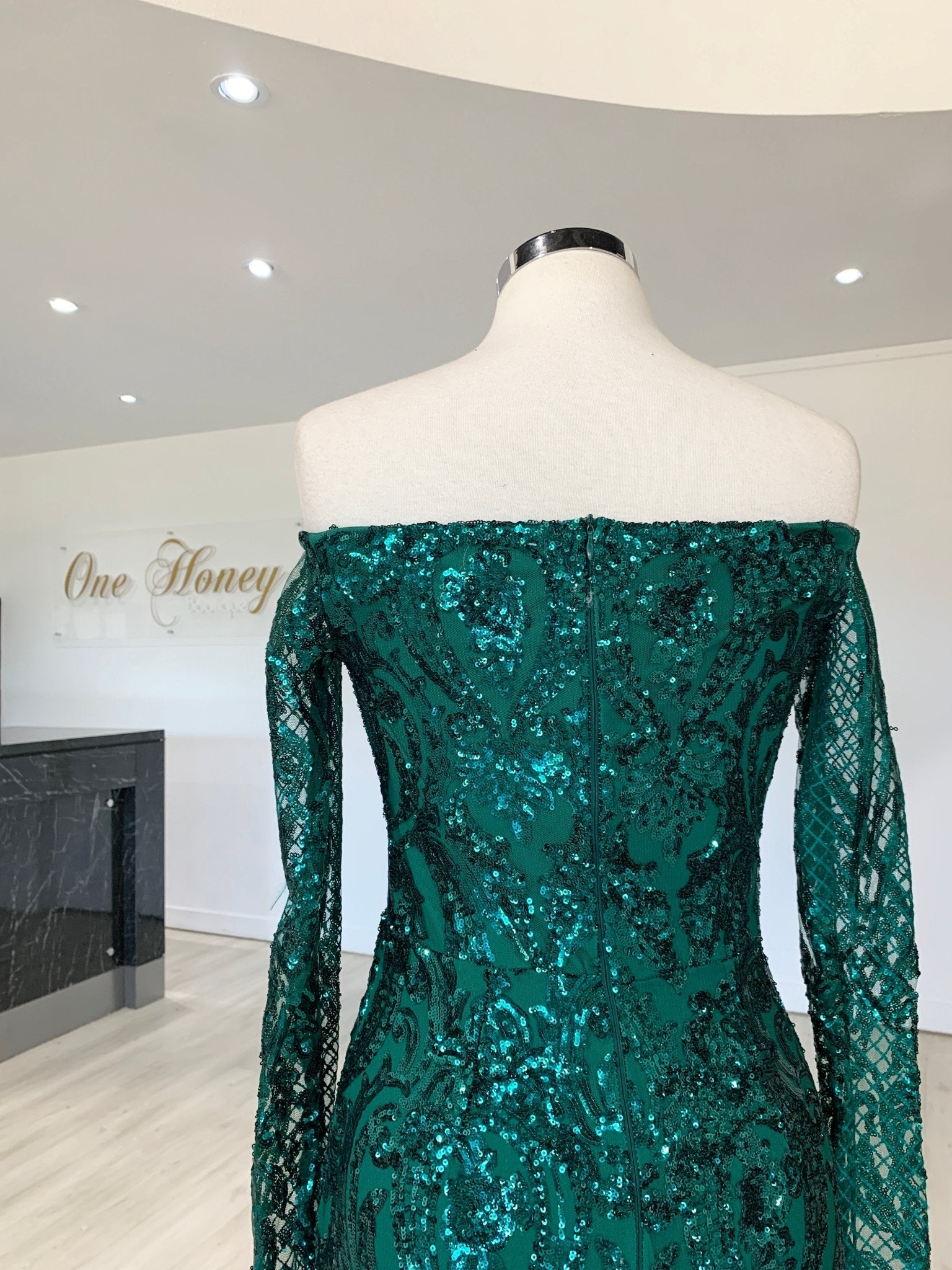 Honey Couture SOFIA Green Glitter Snake Long Sleeve Evening Gown Dress in Australia | One Honey Boutique
