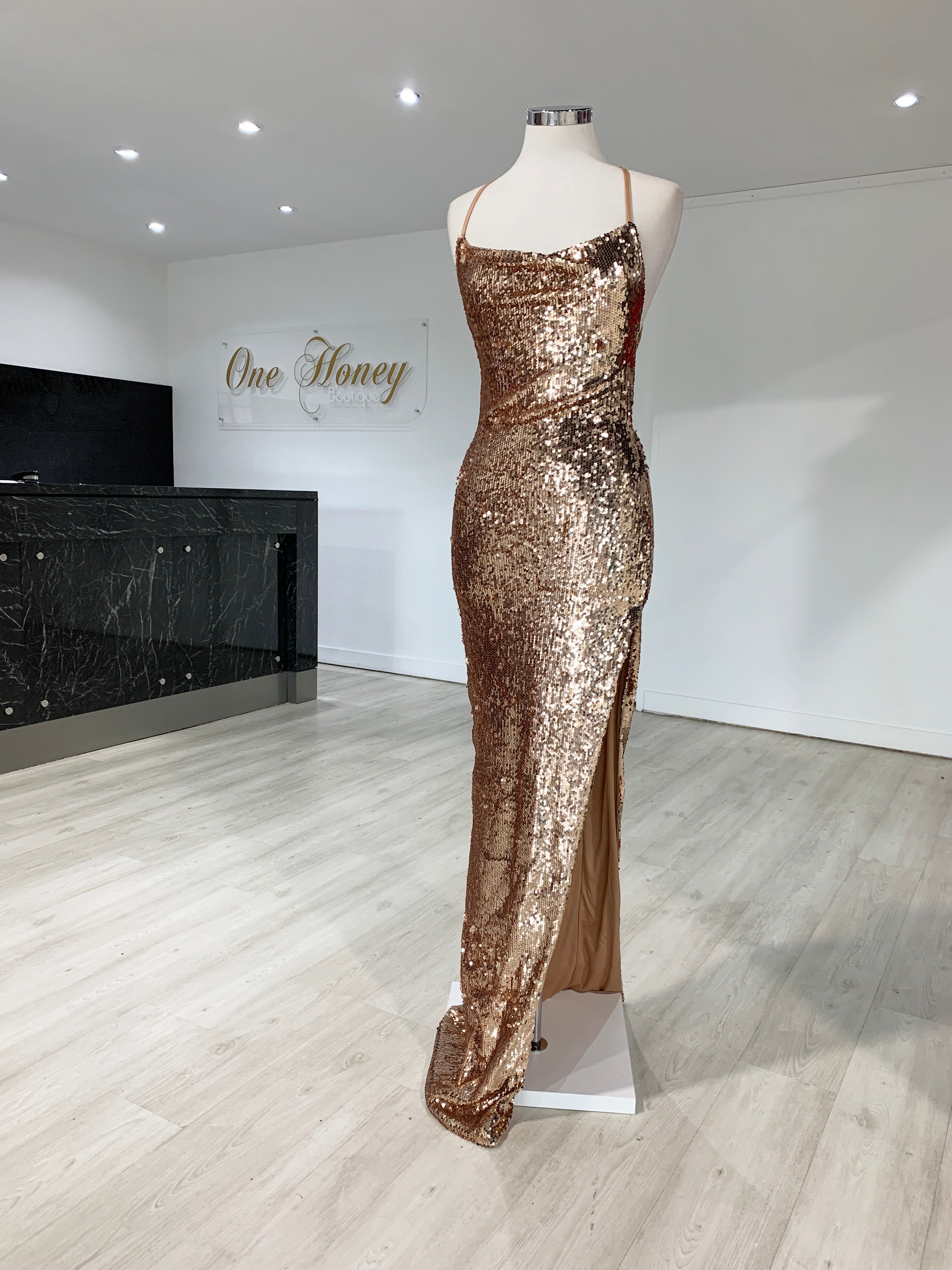 Honey Couture LIBERTY Gold Sequin Lace Up Formal Dress {vendor} AfterPay Humm ZipPay LayBuy Sezzle