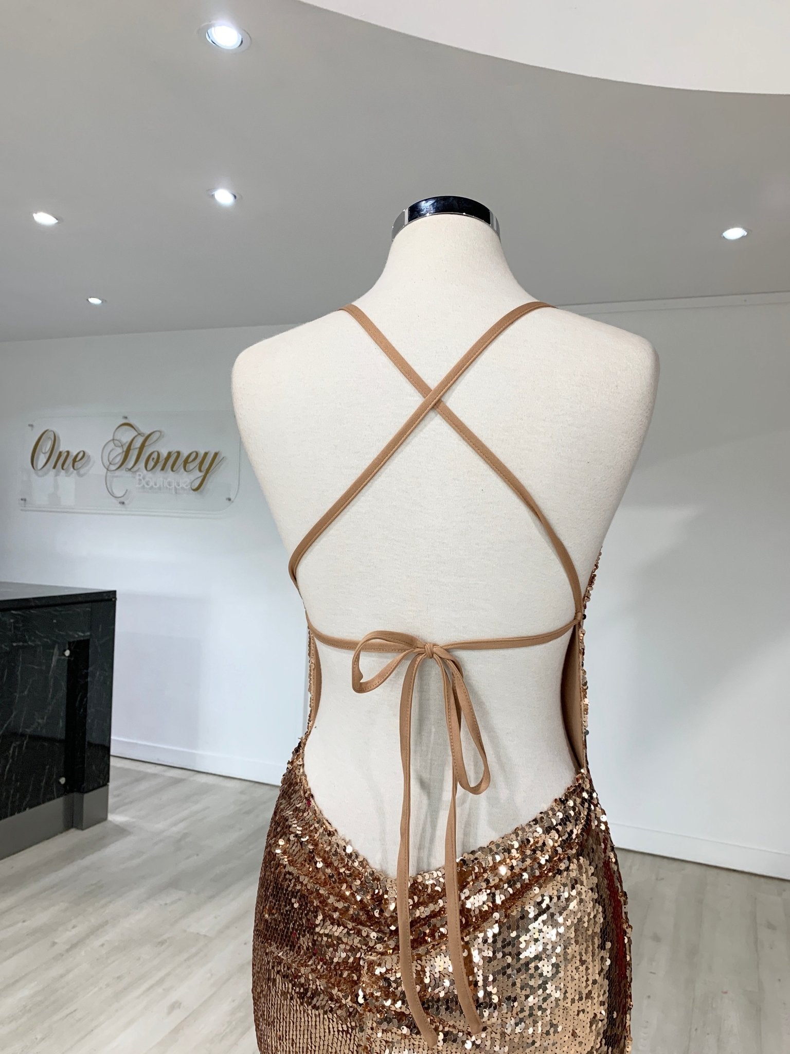 Honey Couture LIBERTY Gold Sequin Lace Up Formal Dress in Australia | One Honey Boutique