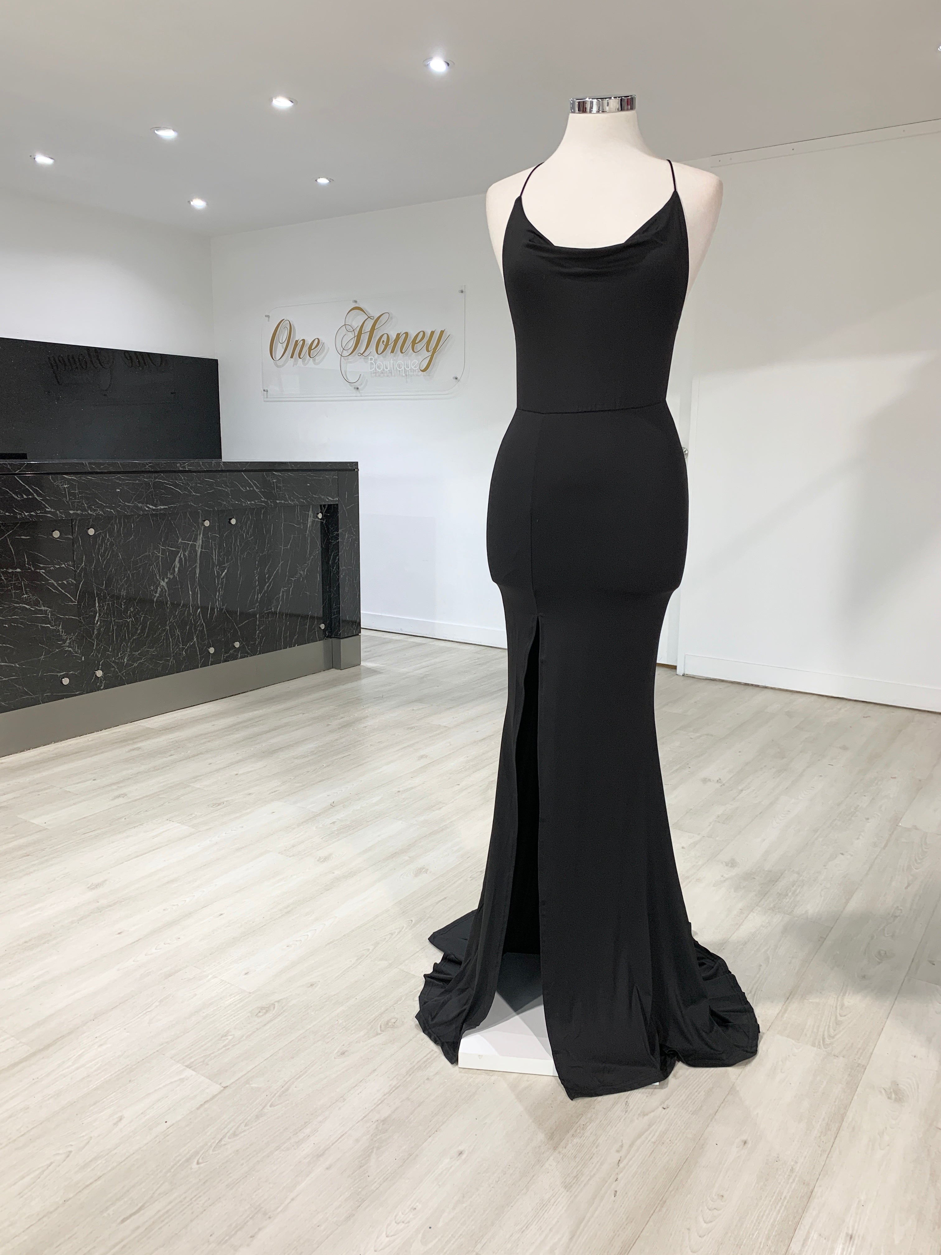 Honey Couture CIARA Black Low Back Formal Dress {vendor} AfterPay Humm ZipPay LayBuy Sezzle