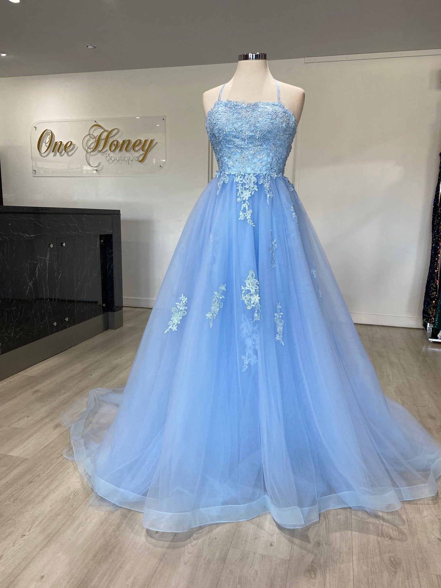 Honey Couture FREYA Beaded Applique Corset Lace Up Back Tulle Skirt Formal Dress in Australia | One Honey Boutique