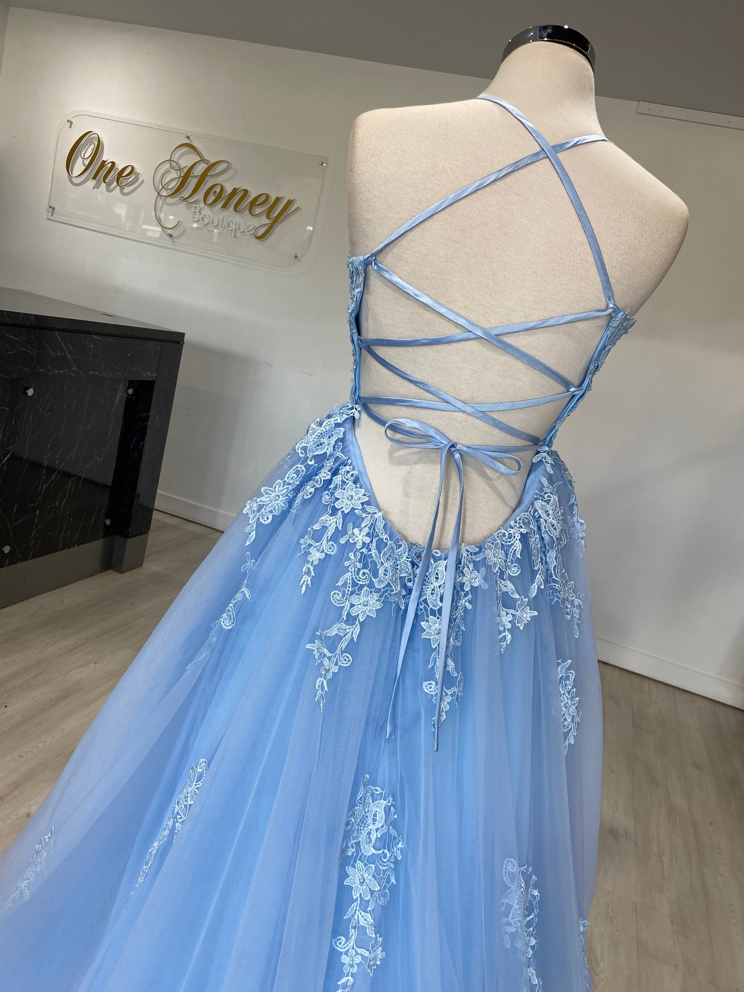Honey Couture FREYA Beaded Applique Corset Lace Up Back Tulle Skirt Formal Dress