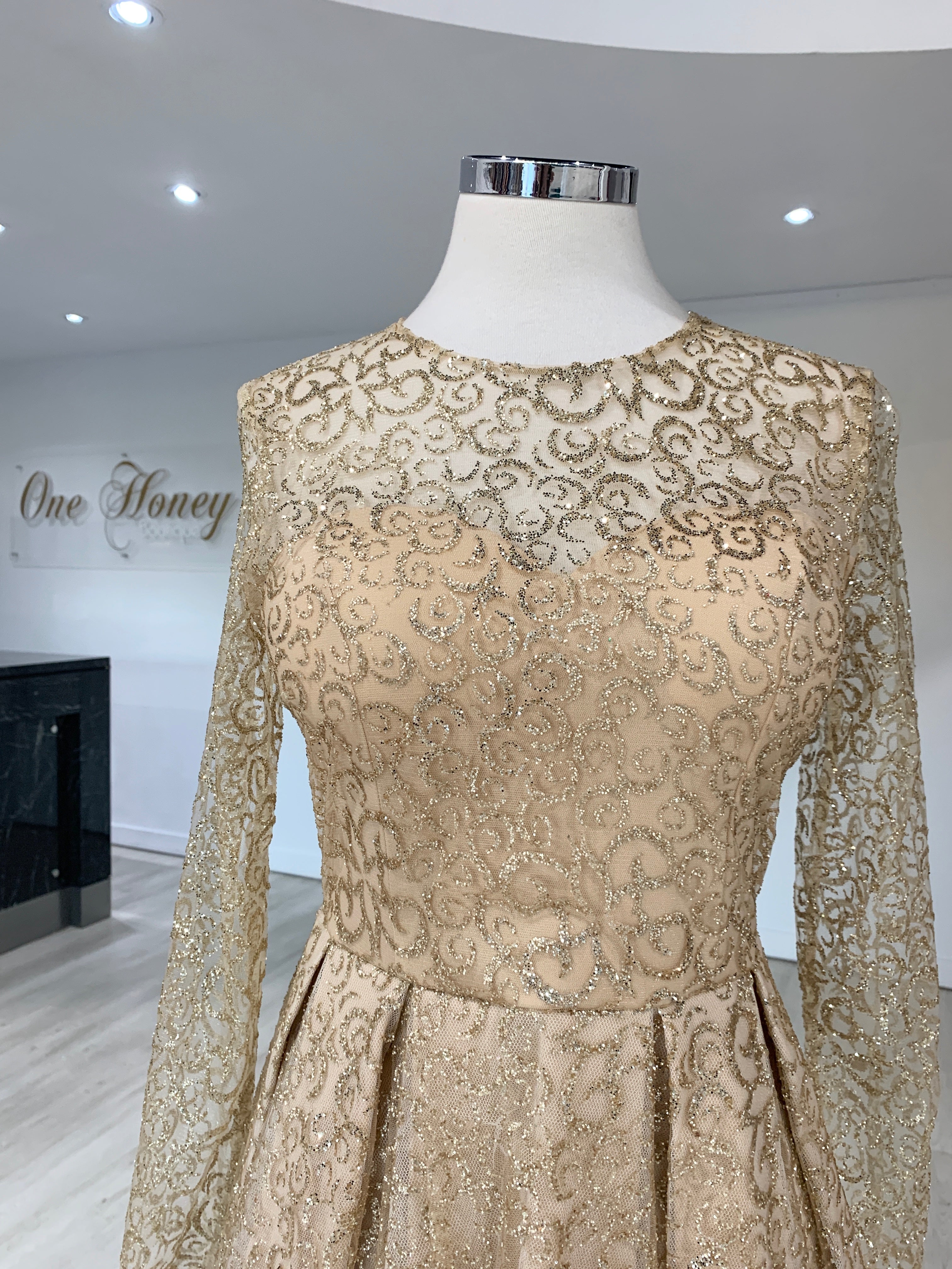 Honey Couture SOPHIA Gold Long Sleeve High Low Formal Dress {vendor} AfterPay Humm ZipPay LayBuy Sezzle