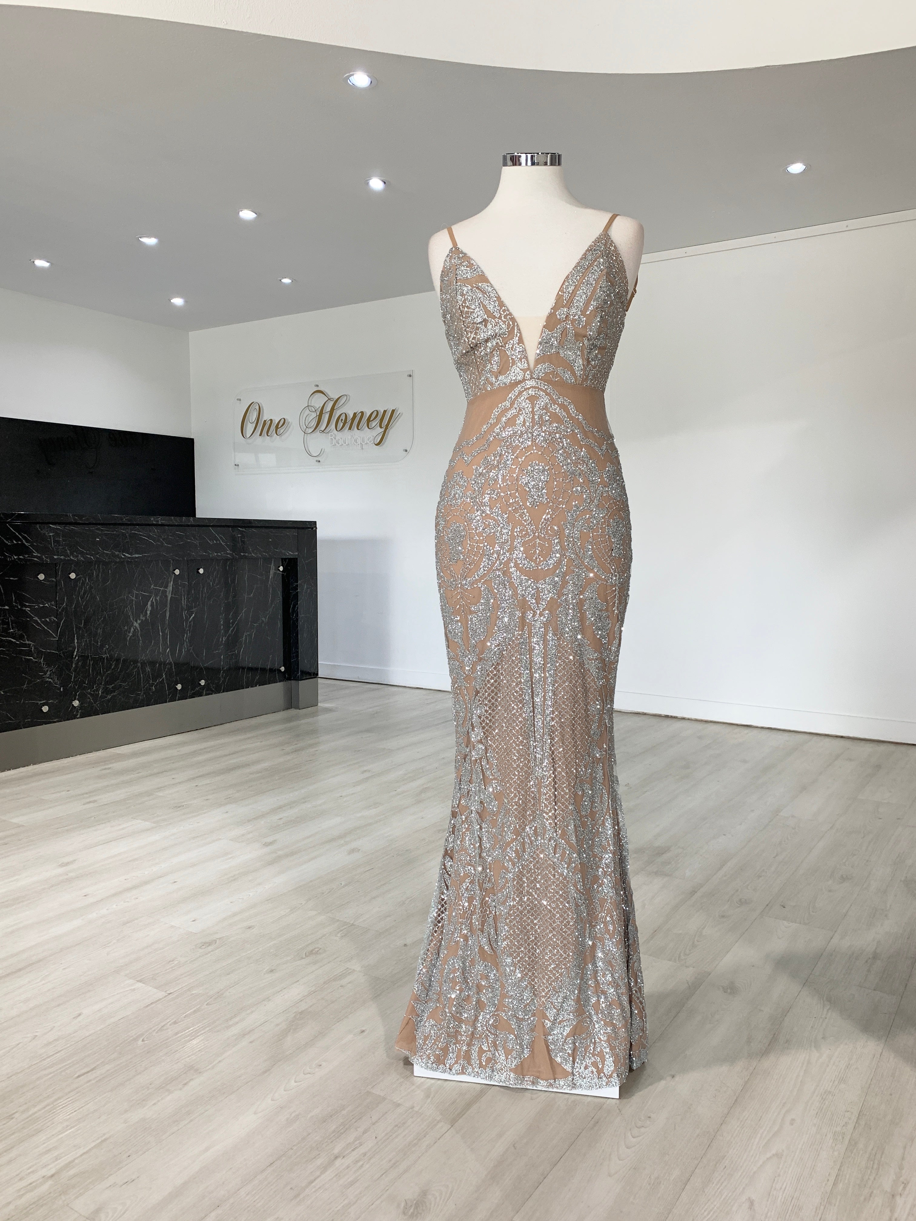 Honey Couture NEVE Silver/Nude Glitter Formal Gown Dress {vendor} AfterPay Humm ZipPay LayBuy Sezzle