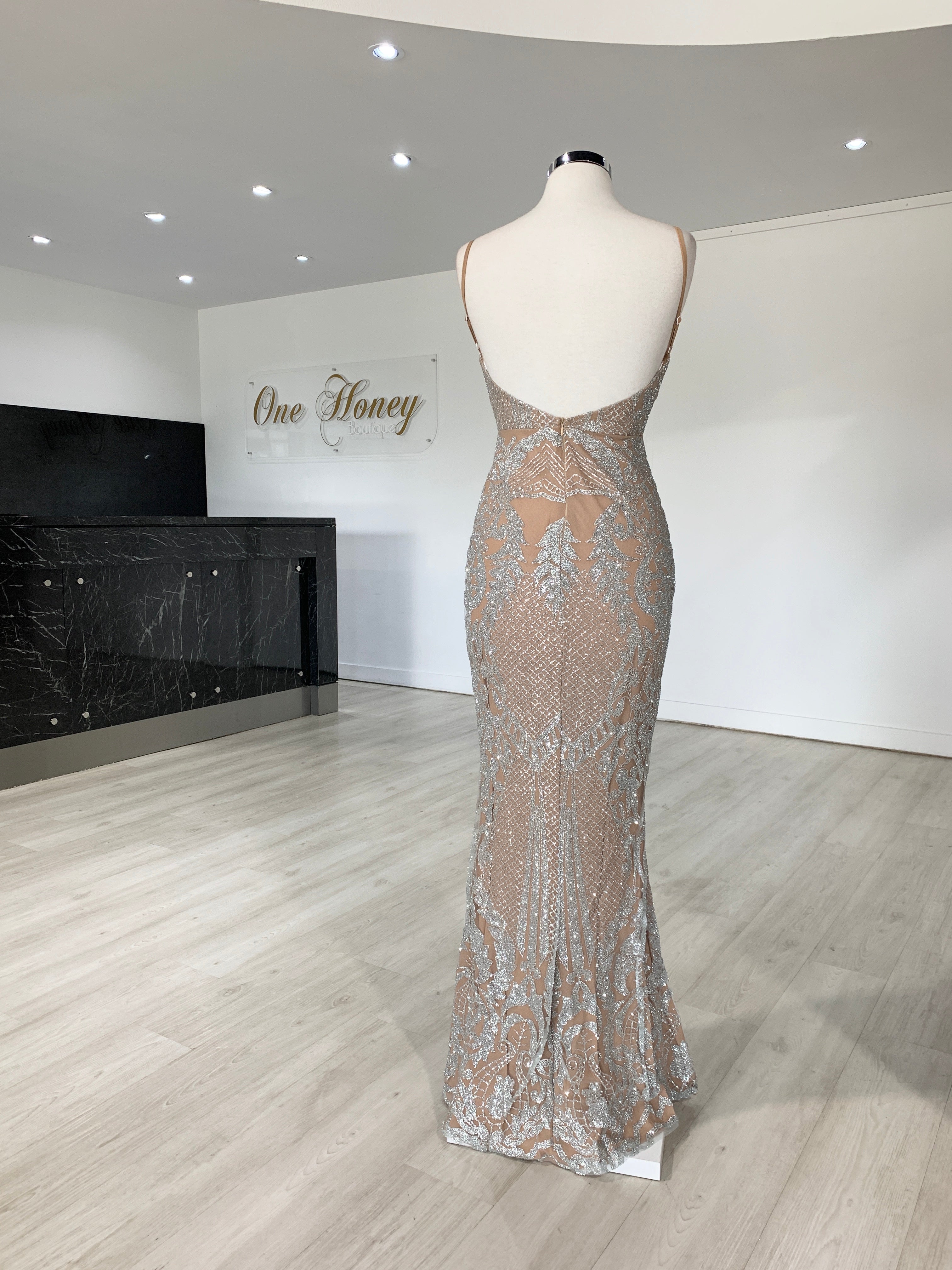 Honey Couture NEVE Silver/Nude Glitter Formal Gown Dress {vendor} AfterPay Humm ZipPay LayBuy Sezzle