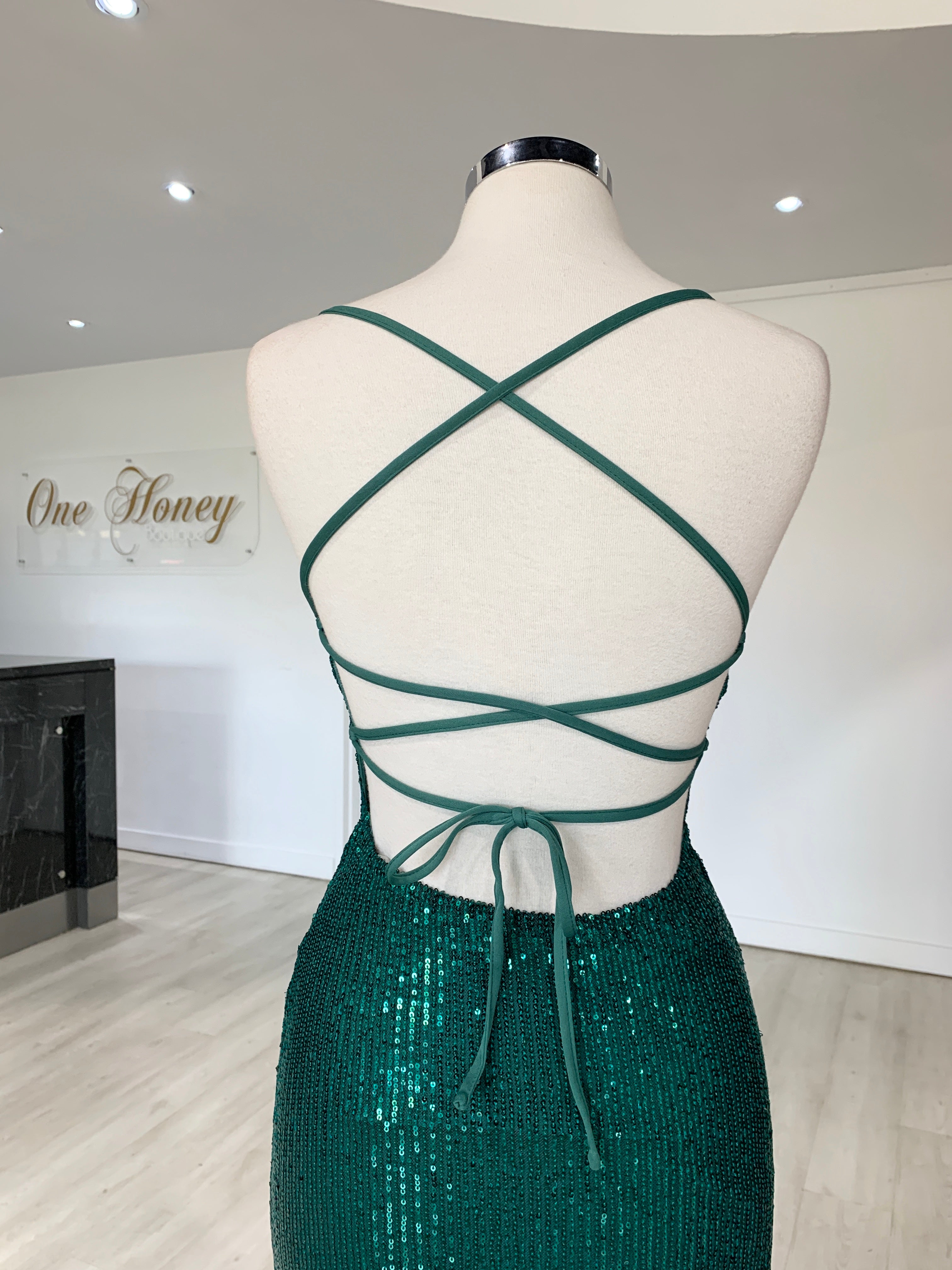 Honey Couture LUZ Emerald Green Lace Up Sequin Formal Gown Dress {vendor} AfterPay Humm ZipPay LayBuy Sezzle