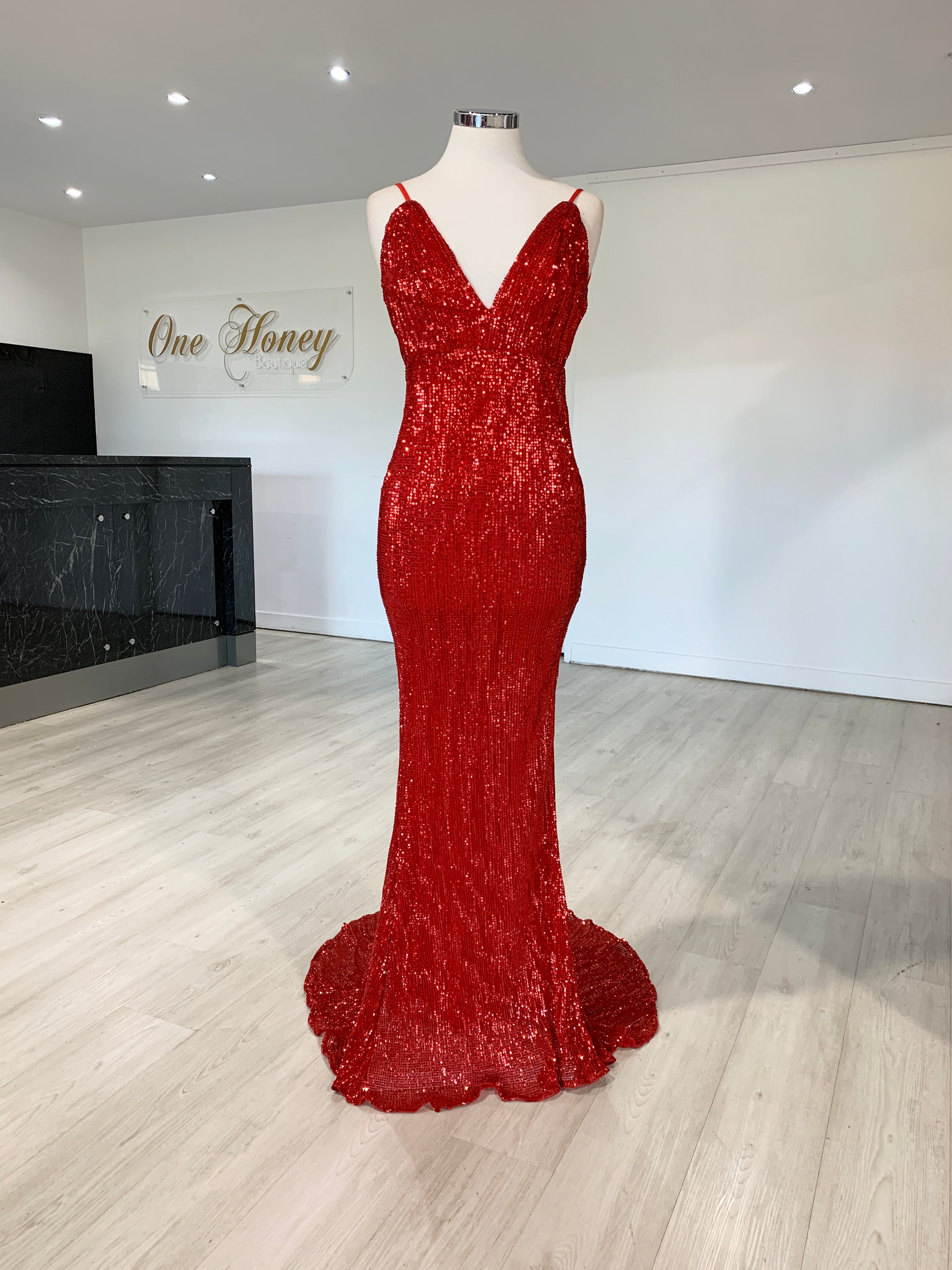 Honey Couture ROSALIE Red Low Back Sequin Formal Gown Dress {vendor} AfterPay Humm ZipPay LayBuy Sezzle