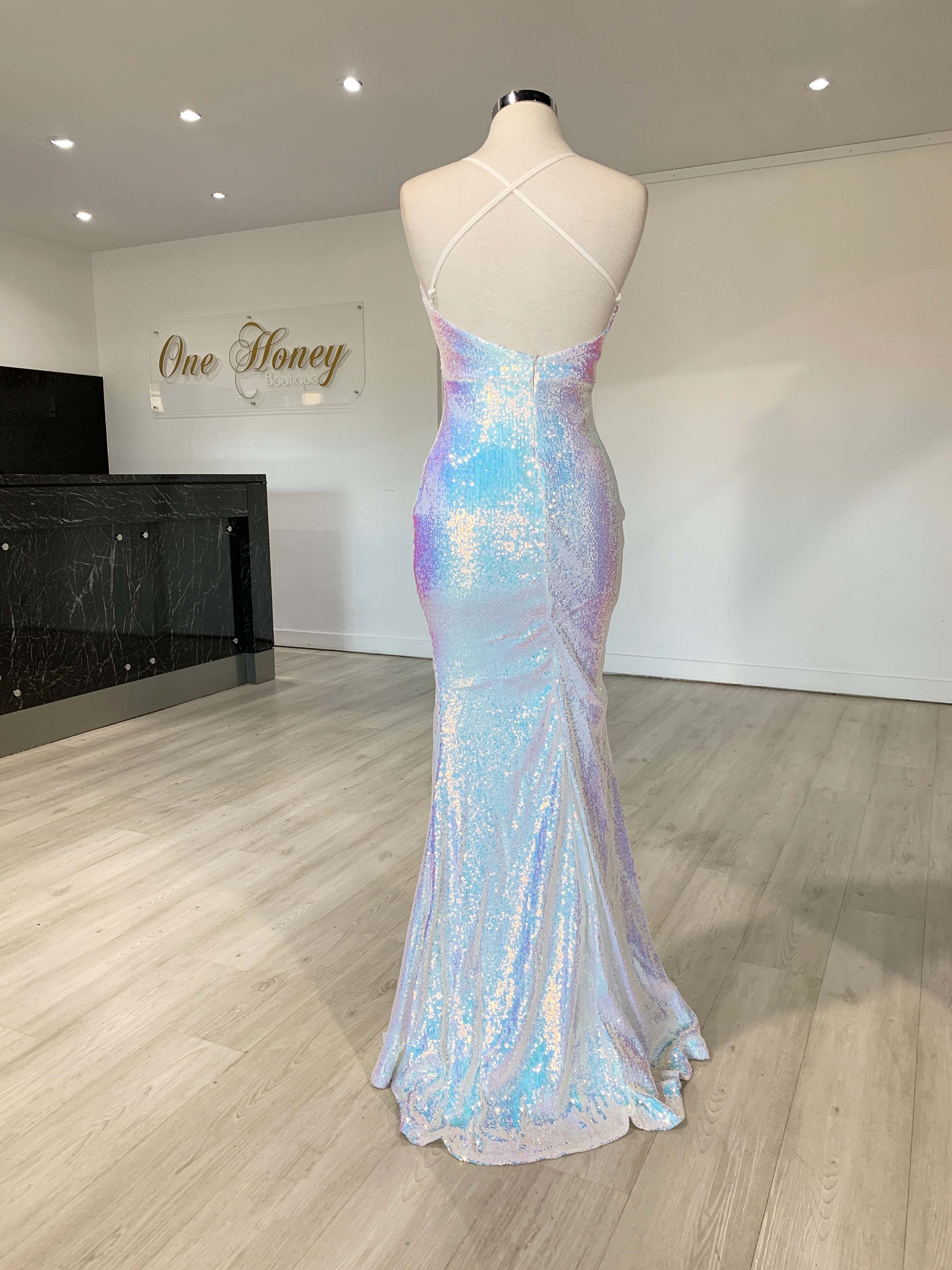 Honey Couture AMETHYST Iridescent Silver Mermaid Evening Gown Dress {vendor} AfterPay Humm ZipPay LayBuy Sezzle