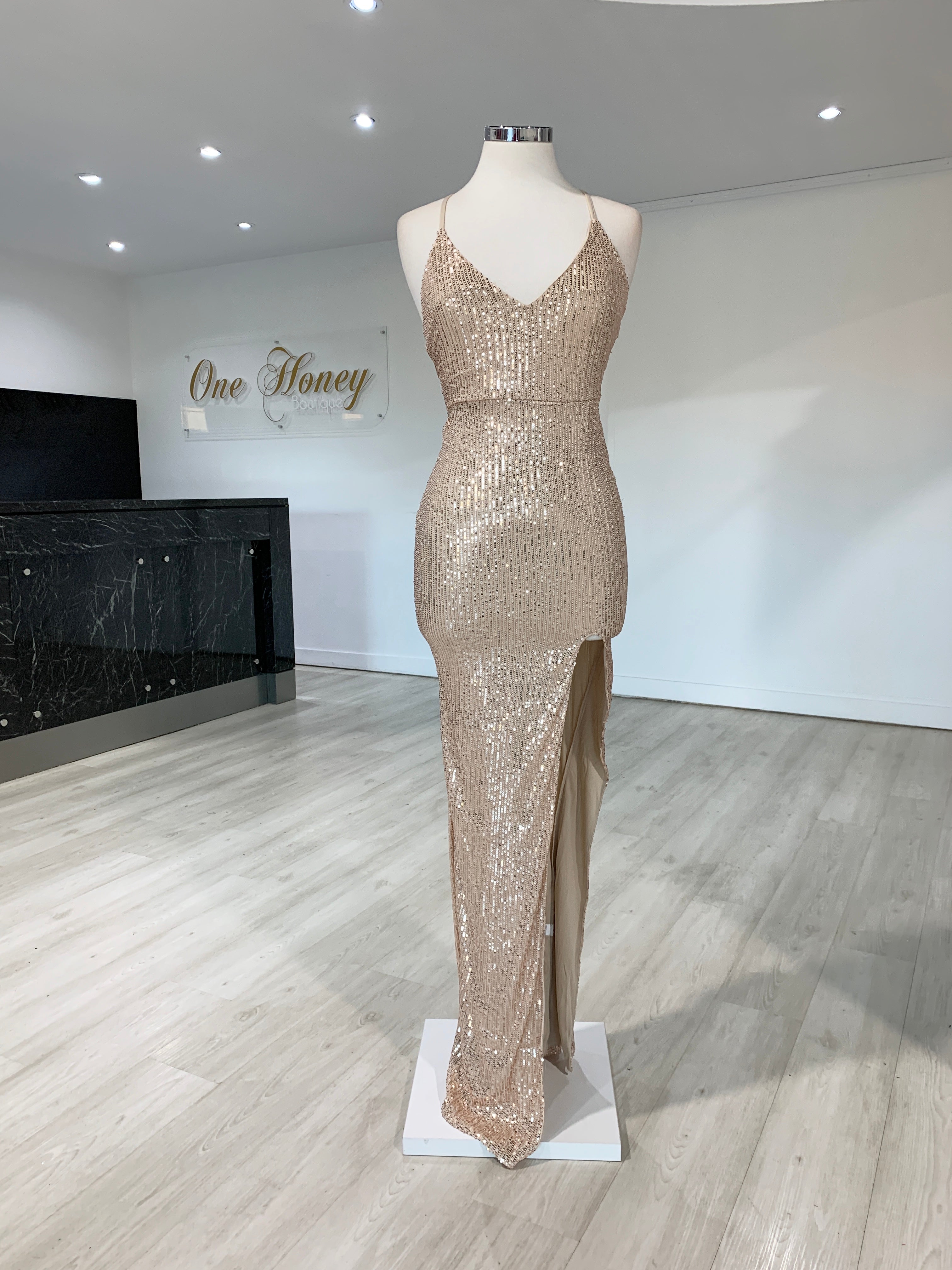Honey Couture LUZ Champagne Gold Lace Up Sequin Formal Gown Dress {vendor} AfterPay Humm ZipPay LayBuy Sezzle